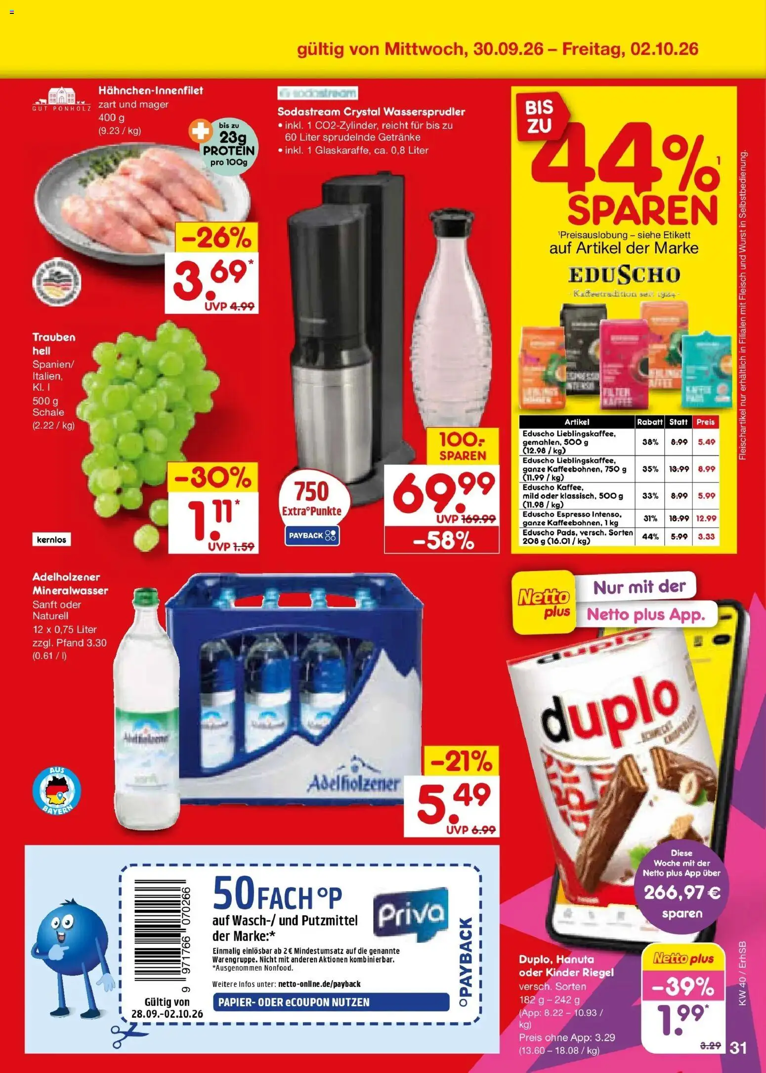 Netto Marken-Discount Prospekt Mauern (ab 28.09.2026) » Angebote | Seite: 49 | Produkte: Kinder riegel, Mineralwasser, Fleisch, Sodastream