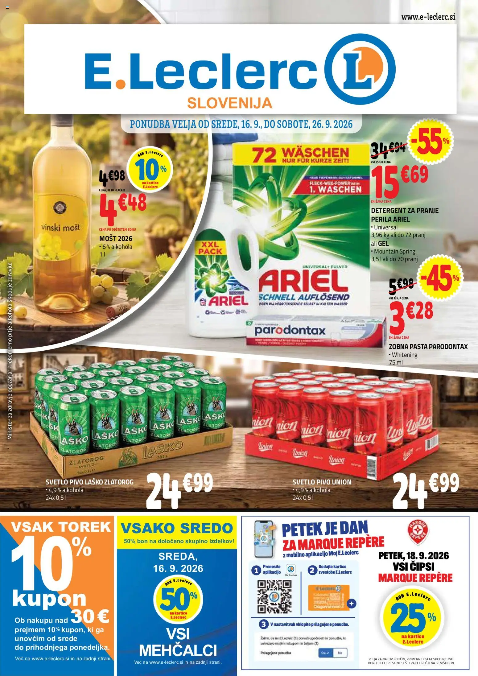 Novi E.leclerc katalog ponudbe – veljaven od 16.09.2026 | Stran: 1 | Izdelki: Zobna pasta, Pivo, Detergent