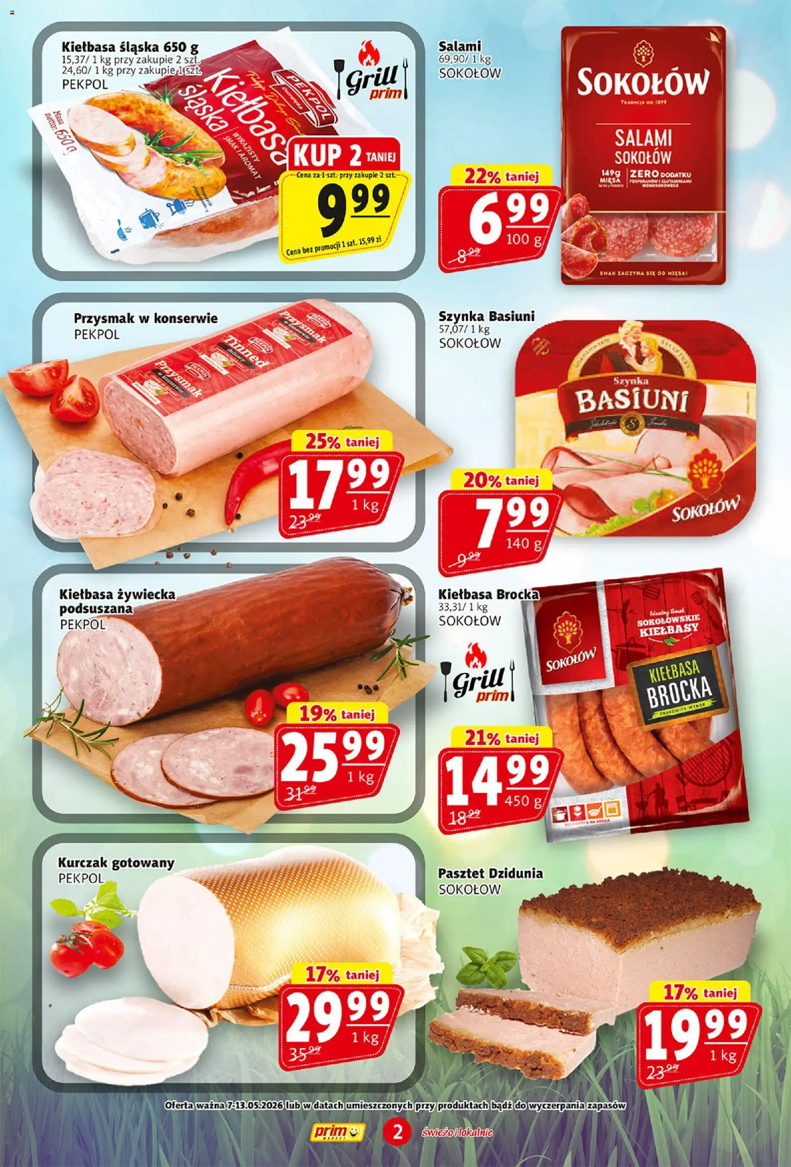 Prim Market gazetka od 07.05.2026 | Strona: 2 | Produkty: Kiełbasa, Kurczak, Szynka, Kiełbasa śląska