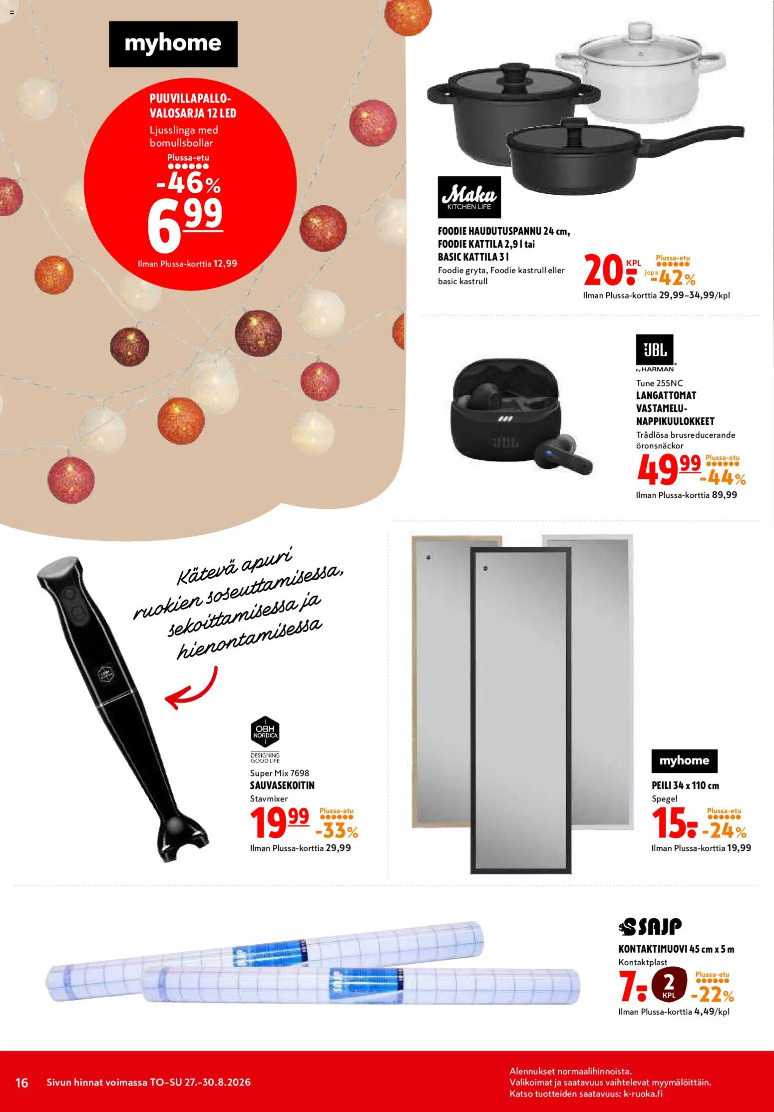 K-Citymarket tarjoukset – voimassa 27/08/2026 alkaen | Sivu: 16 | Tuotteet: Sauvasekoitin, Kattila, Peili