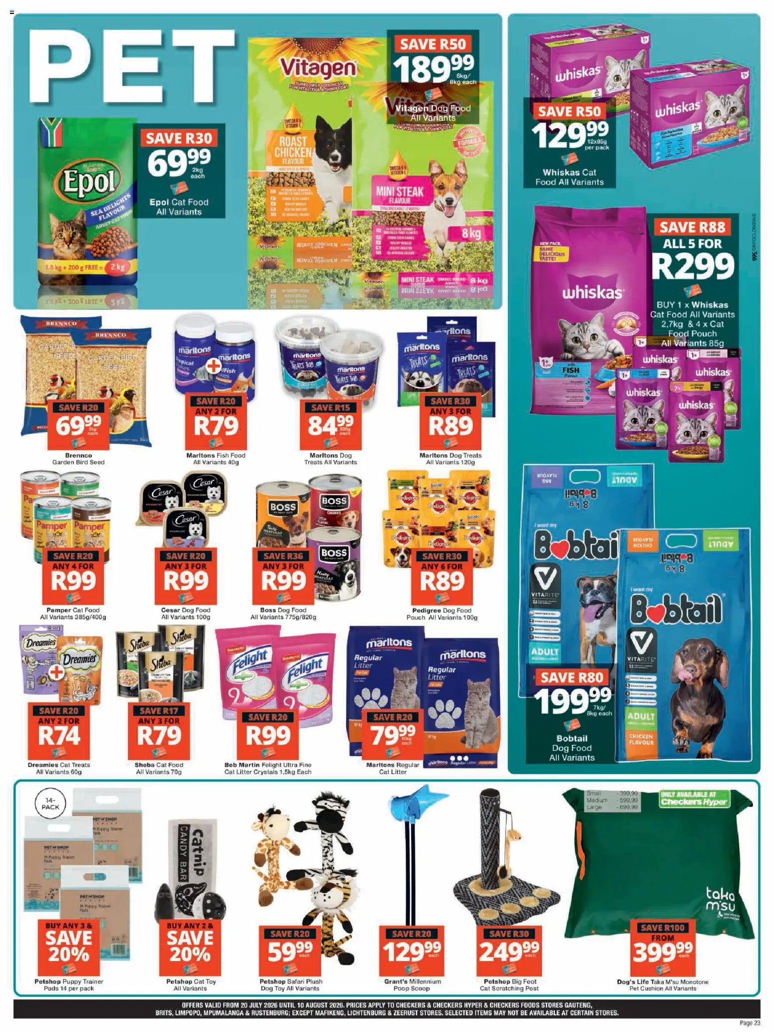 New Checkers catalogue – valid from 20/07/2026 | Page: 23 | Products: Cushion, Cat food, Dog food, Cat litter