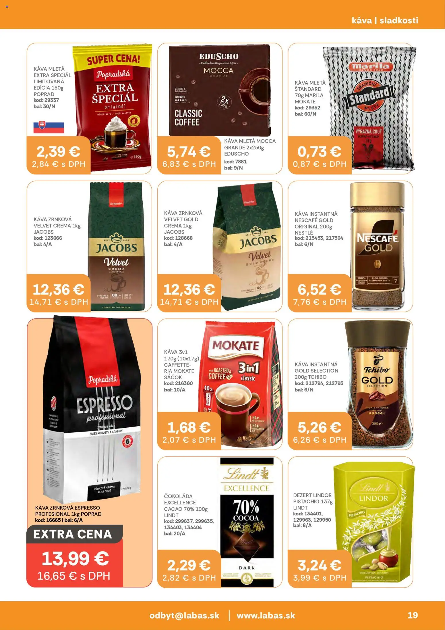 Nové Labaš akcie – leták je platný od 17.07.2026 | Strana: 19 | Produkty: Káva, Lindt, Čokoláda, Zrnková káva