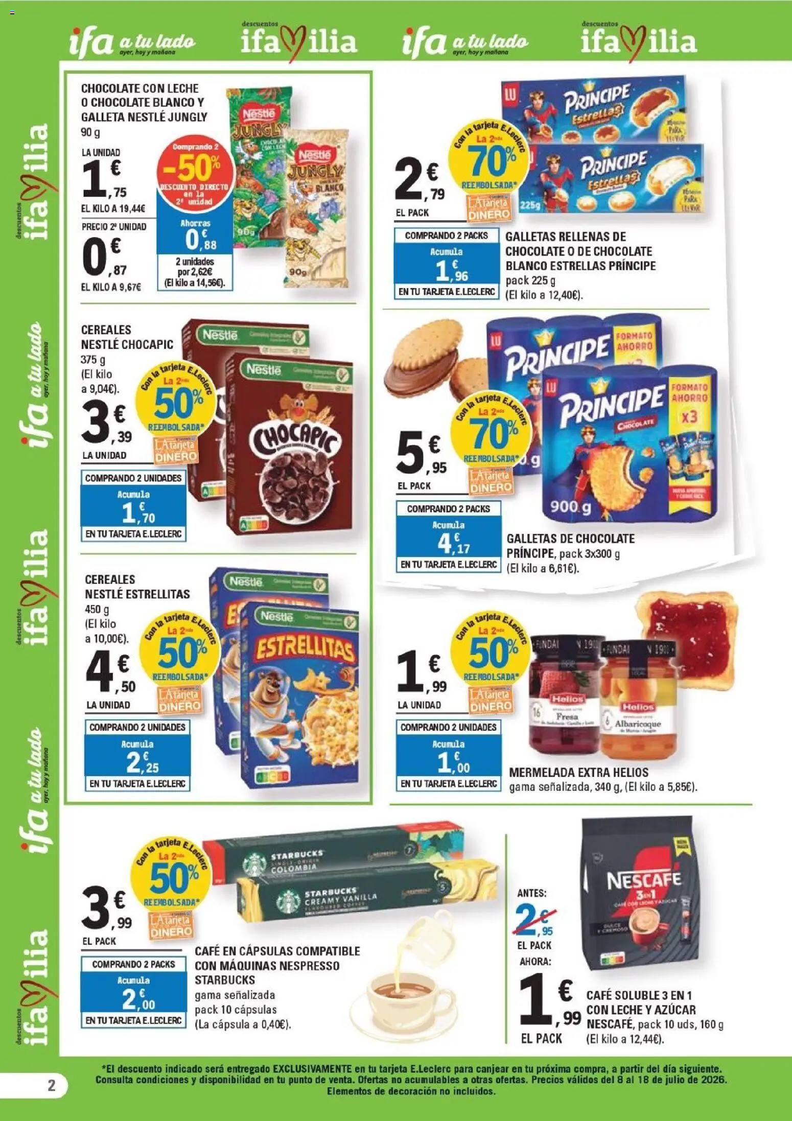 E.Leclerc folleto León │ válido desde el 08/07/2026 | Página: 2 | Productos: Café, Chocolate, Cereales, Αποφλοιωτής σκόρδου