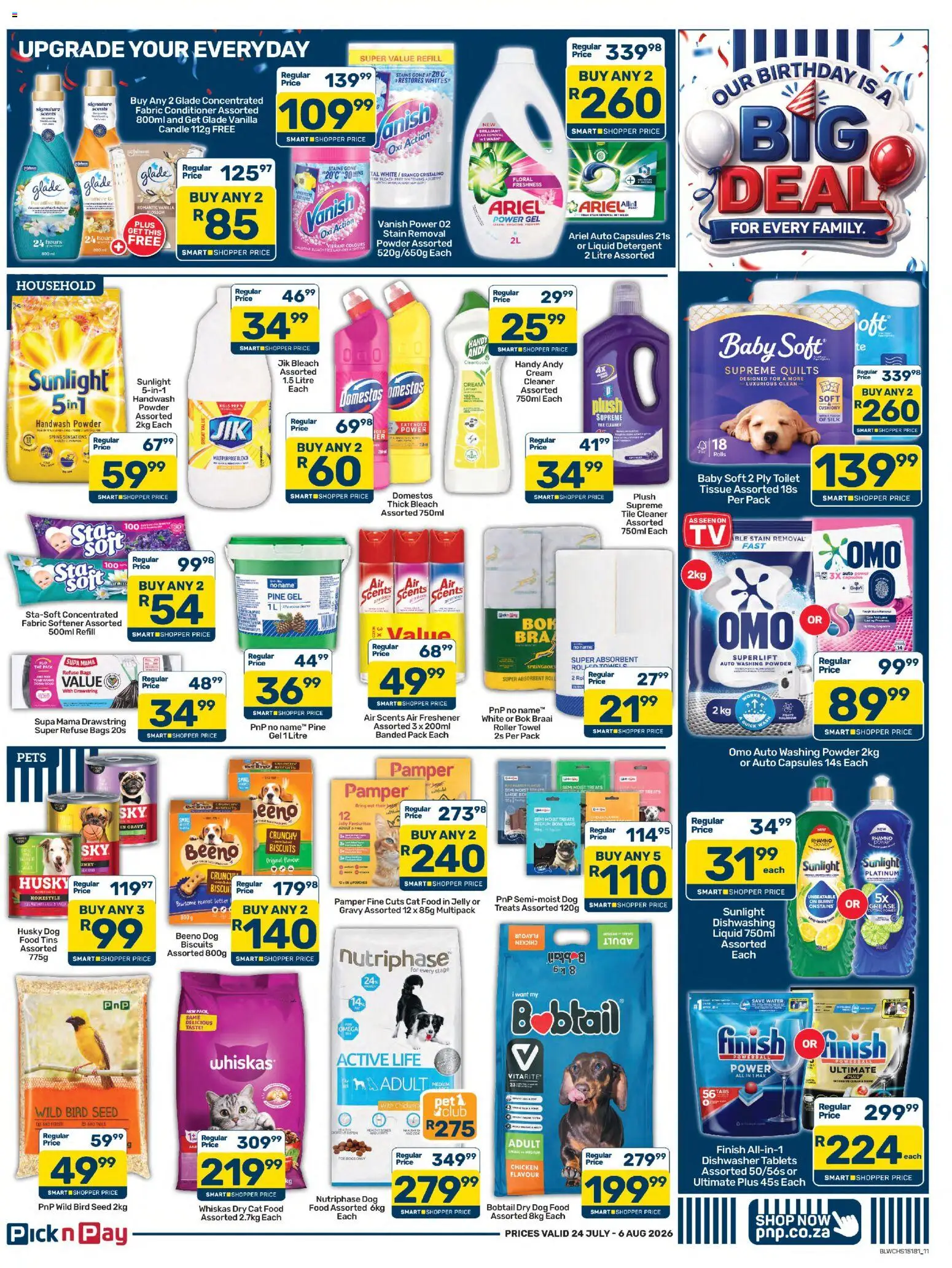 New Pick n Pay catalogue – valid from 24/07/2026 | Page: 11 | Products: Dishwasher, Bleach, Fabric softener, Detergent