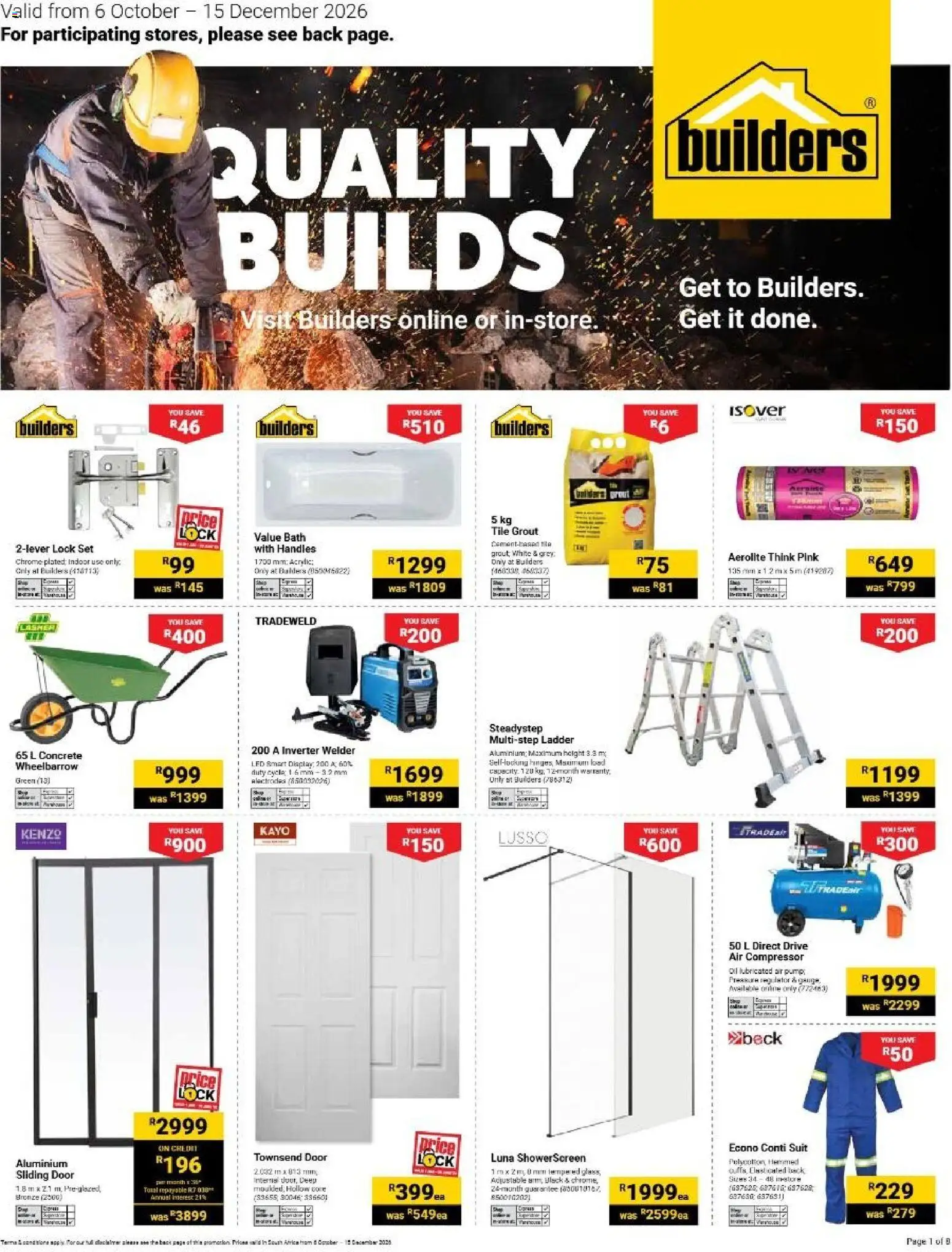 New Builders catalogue – valid from 06/10/2026 | Page: 1 | Products: Suit, Lock, Compressor, Oil