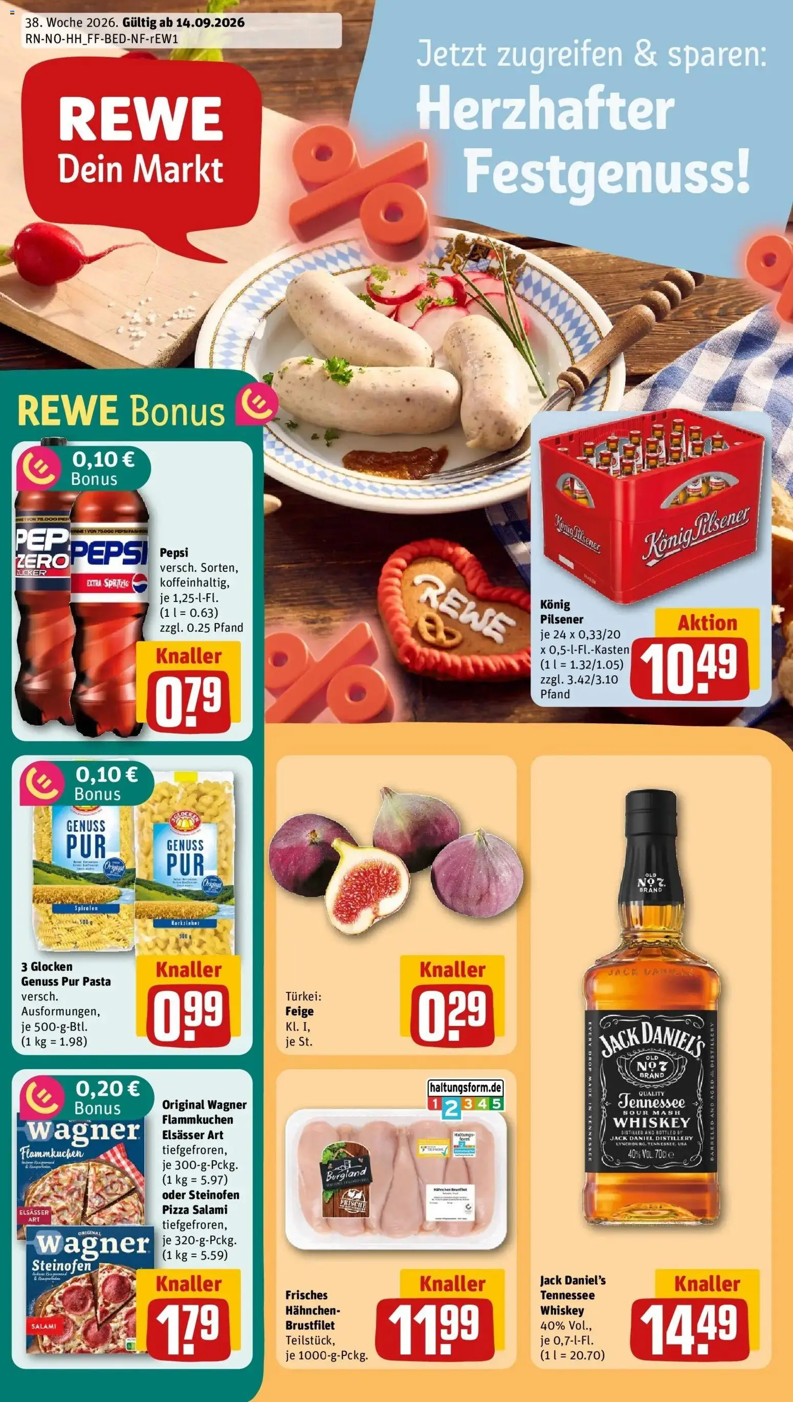 REWE Prospekt ab 14.09.2026 zum Blättern » Angebote | Seite: 1 | Produkte: Jack Daniel's, Pepsi, Pasta, Salami