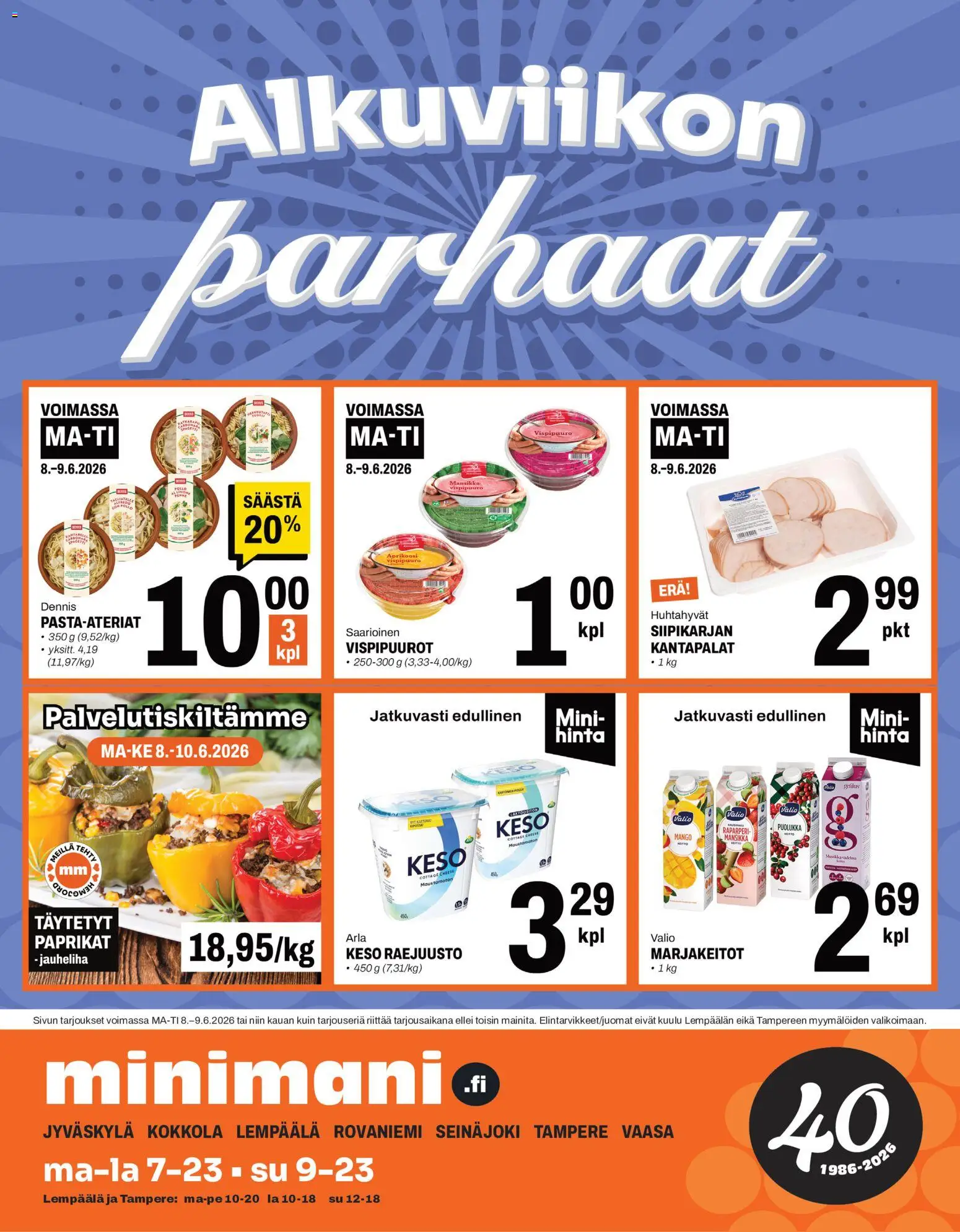 Minimani tarjoukset – voimassa 08.06.2026 alkaen | Sivu: 1 | Tuotteet: Raparperi, Jauheliha, Mango, Raejuusto