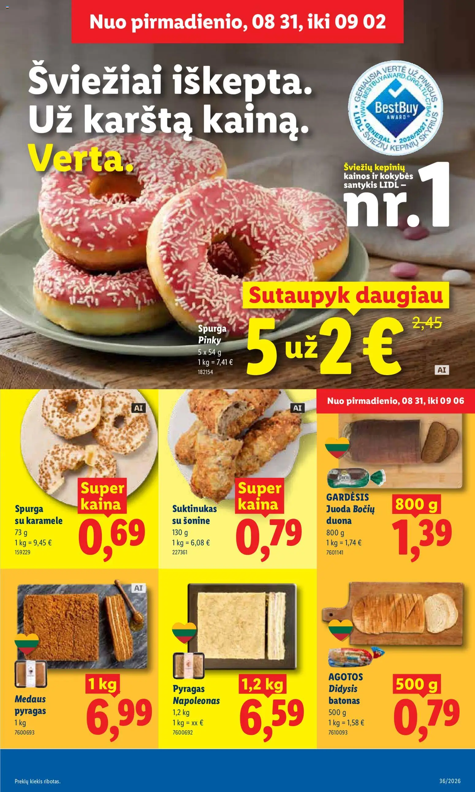 LIDL akcijos nuo 2026.08.31 | Puslapis: 5 | Prekių: Batonas, Spurga, Pyragas, Duona