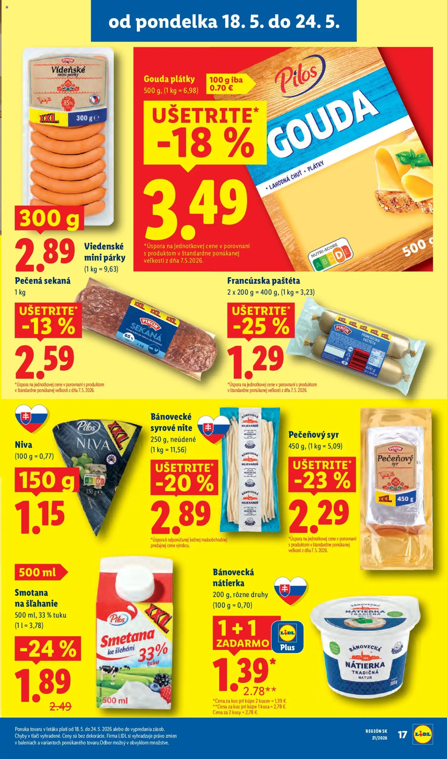 Nové Lidl akcie – leták je platný od 18.05.2026 | Strana: 21 | Produkty: Syr, Gouda, Párky, Smotana na šľahanie