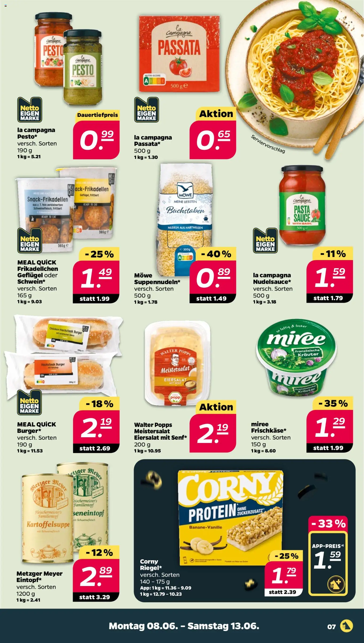 Netto Prospekt – gültig ab 08.06.2026 | Seite: 7 | Produkte: Burger, Pasta, Schweinefleisch, Nudeln
