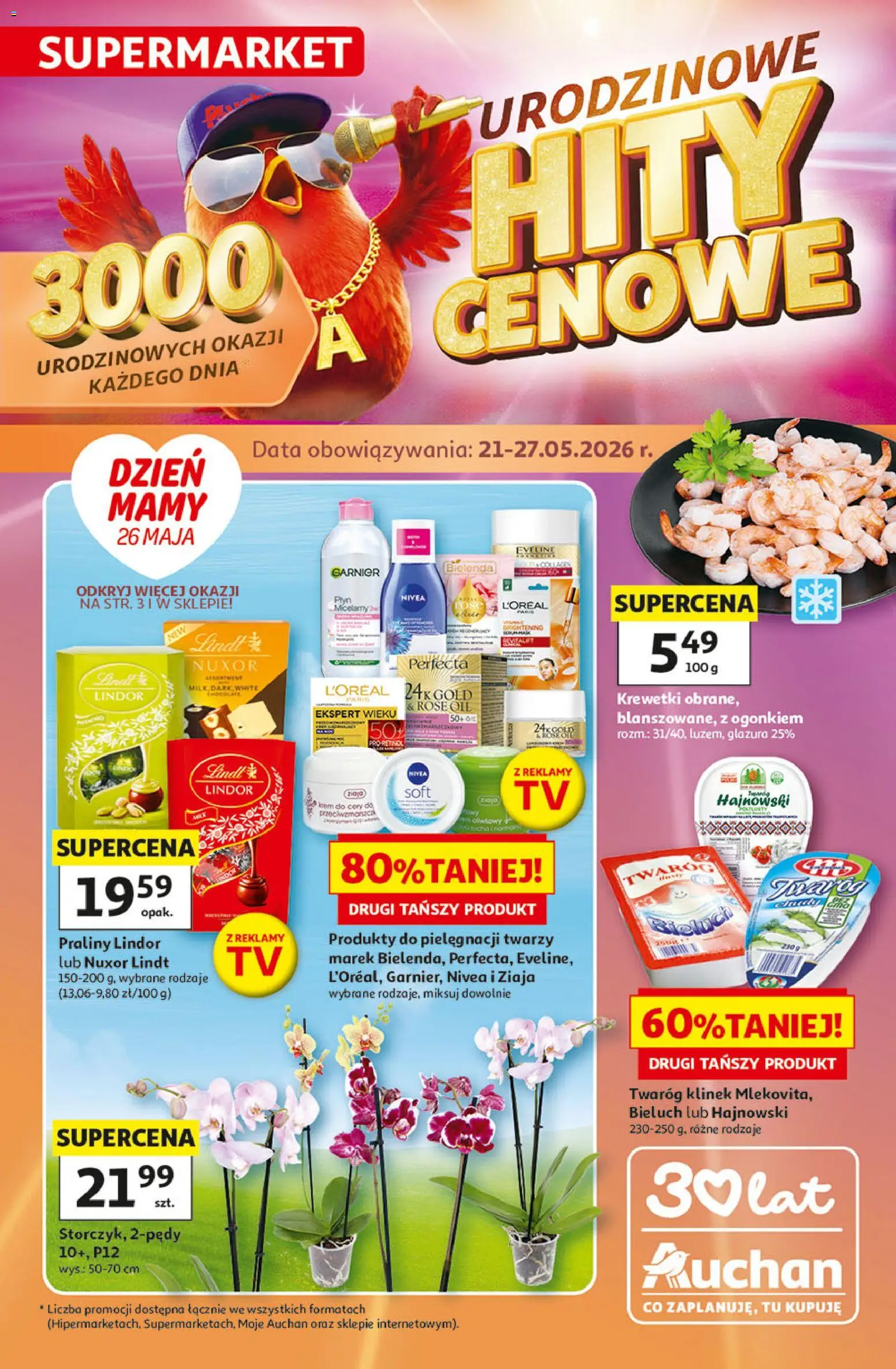 Auchan gazetka od 21.05.2026 | Strona: 1 | Produkty: Krewetki, Praliny, Twaróg
