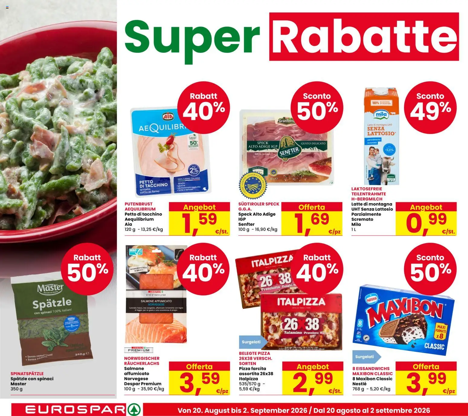 Volantino Eurospar del 20/08/2026 | Pagina: 4 | Prodotti: Salmone, Prosciutto, Funghi, Petto di tacchino