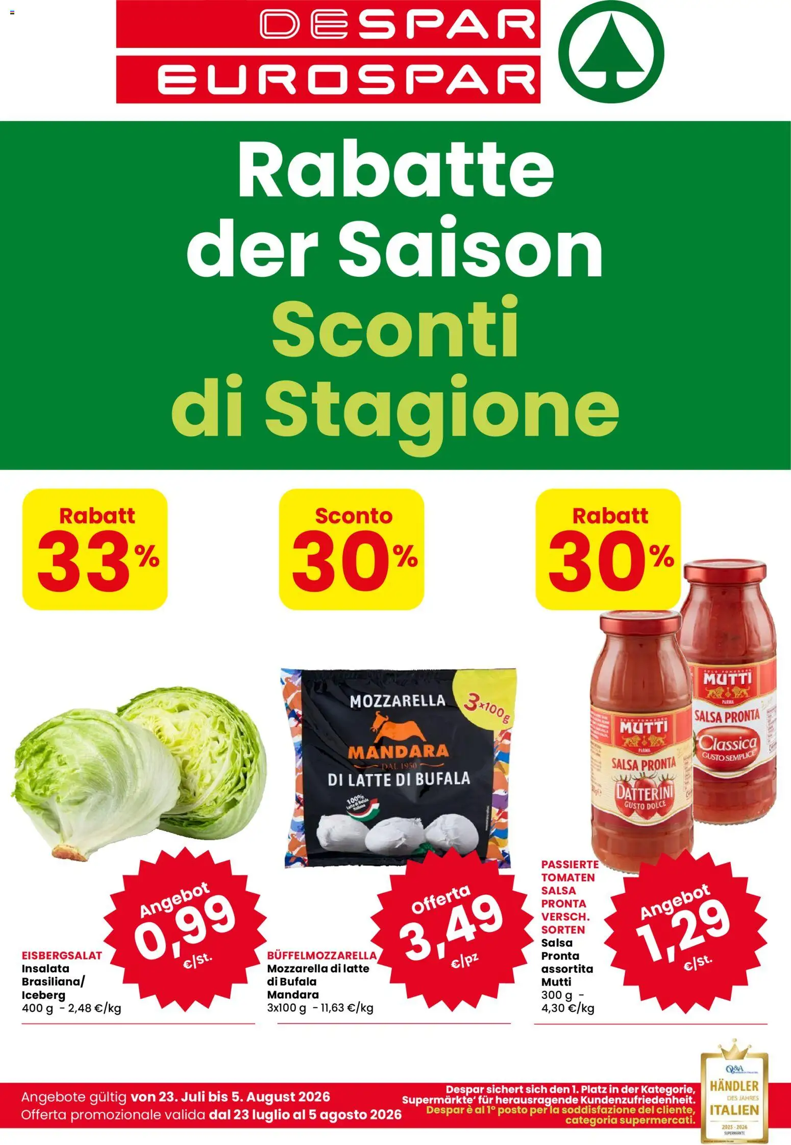 Volantino Eurospar del 23/07/2026 | Pagina: 1 | Prodotti: Salsa, Mozzarella, Latte, Mutti