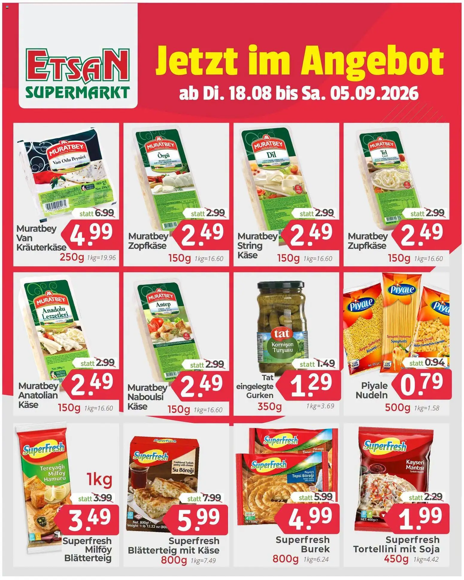 ETSAN Flugblatt gültig ab 18.08.2026 | Seite: 2 | Produkte: Gurken, Käse, Spaghetti, Nudeln