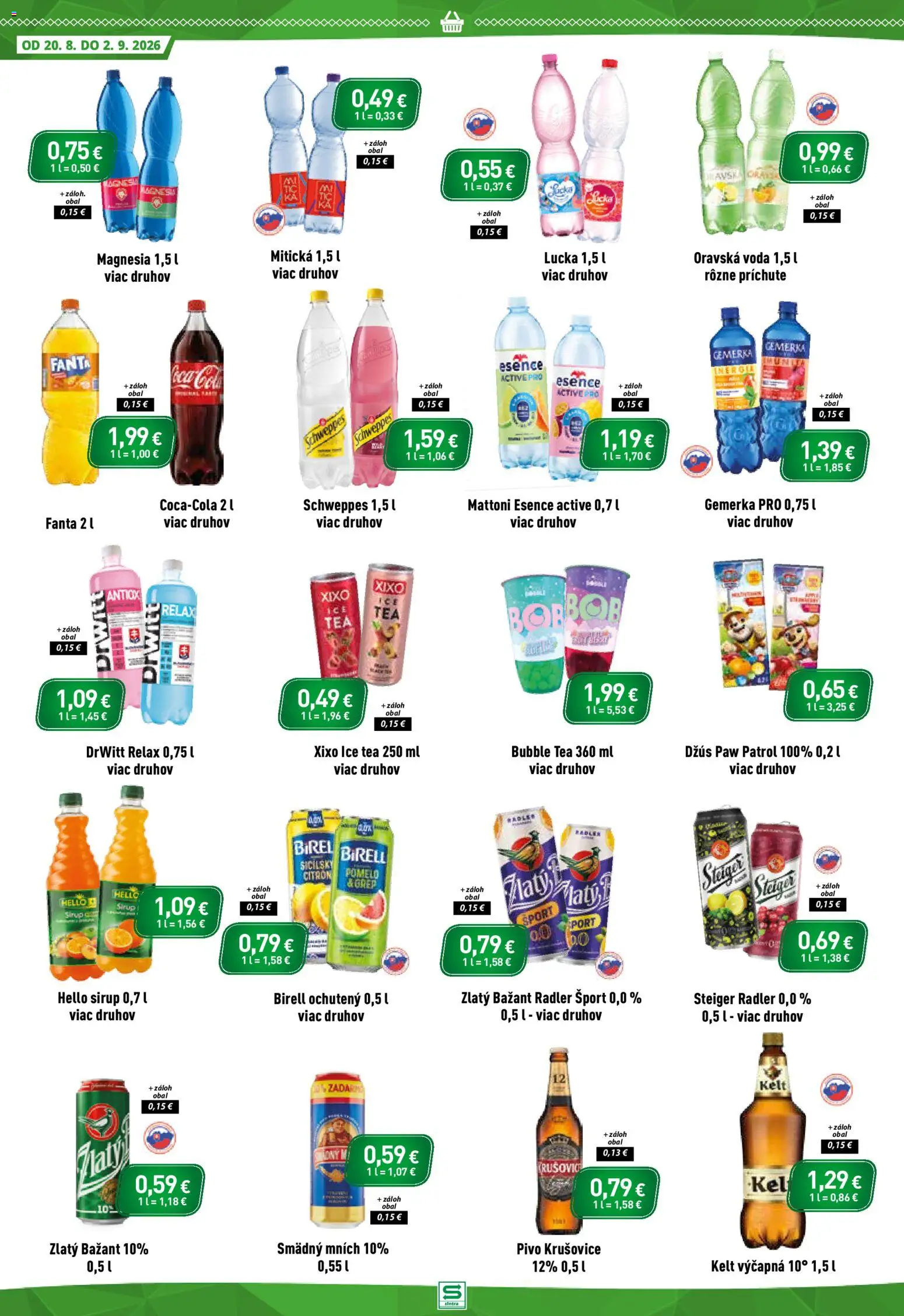 Nové Sintra akcie – leták je platný od 20.08.2026 | Strana: 10 | Produkty: Krušovice, Zlatý Bažant, Smädný Mních, Gemerka