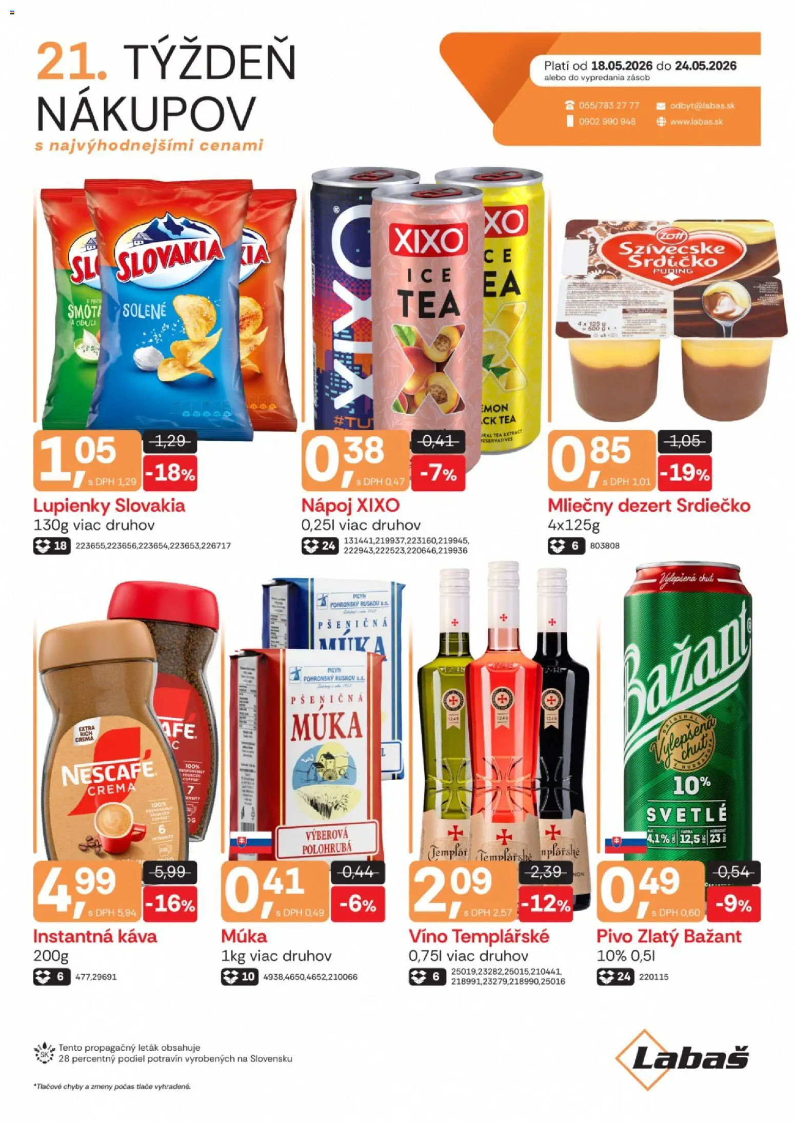 Nové Labaš akcie – leták je platný od 18.05.2026 | Strana: 1 | Produkty: Víno, Pšeničná múka, Zlatý Bažant, Cibuľa