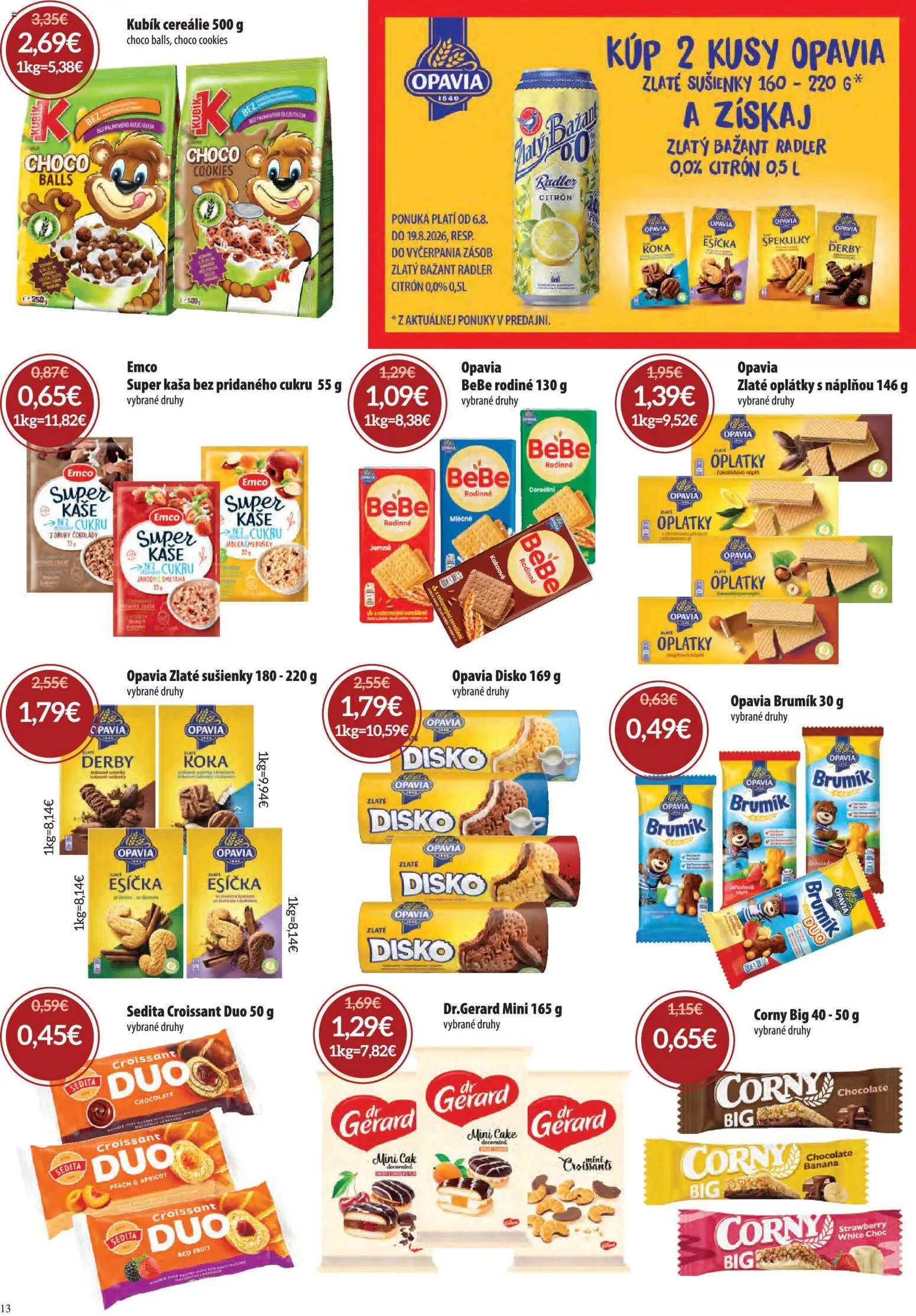Nové Nitrazdroj akcie – leták je platný od 06.08.2026 | Strana: 13 | Produkty: Croissant, Radler, Zlatý Bažant, Cereálie