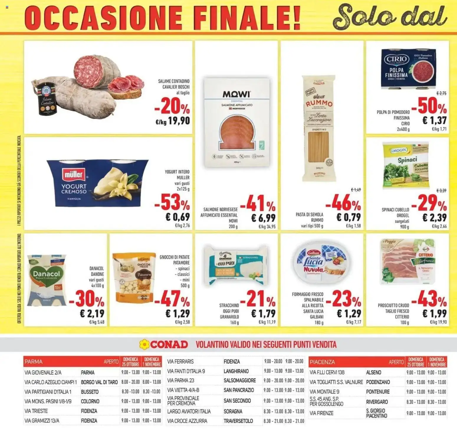Volantino Conad del 21/10/2026 | Pagina: 48 | Prodotti: Salmone affumicato, Prosciutto Crudo, Rummo, Pomodoro