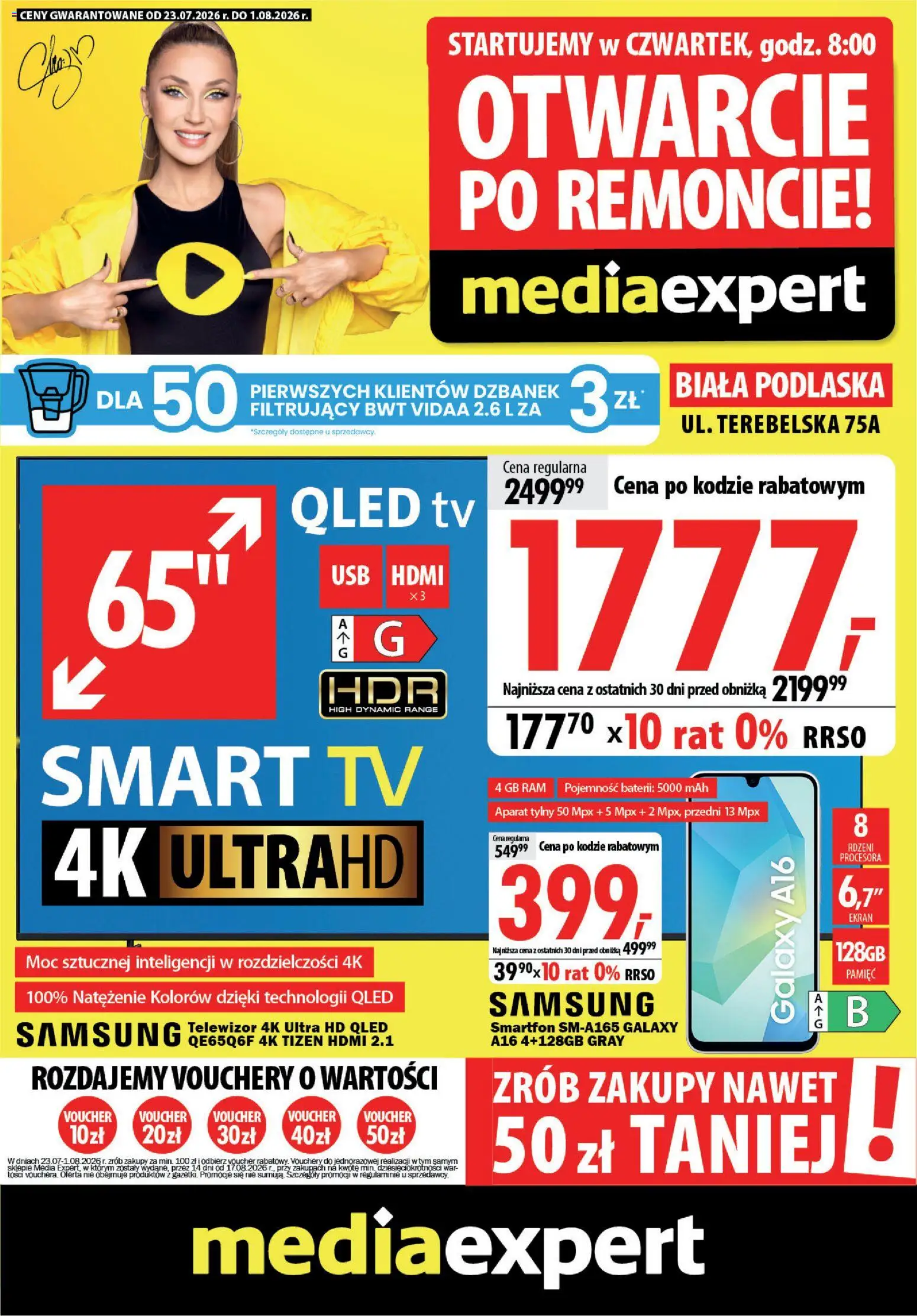 Mediaexpert promocje - Otwarcie po remoncie Biała Podlaska od 23.07.2026 | Strona: 1 | Produkty: Dzbanek, Smartfon, Telewizor