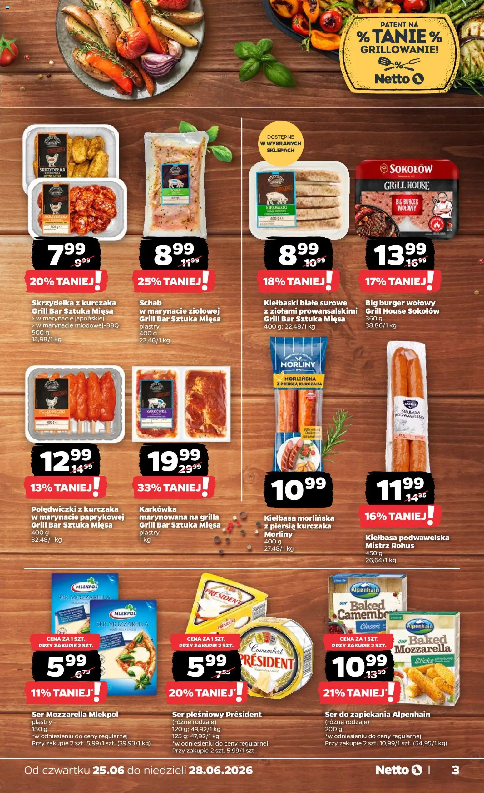 Netto gazetka od czwartku spożywcza od 25.06.2026 | Strona: 3 | Produkty: Skrzydełka z kurczaka, Burger wołowy, Camembert, Kiełbasa podwawelska