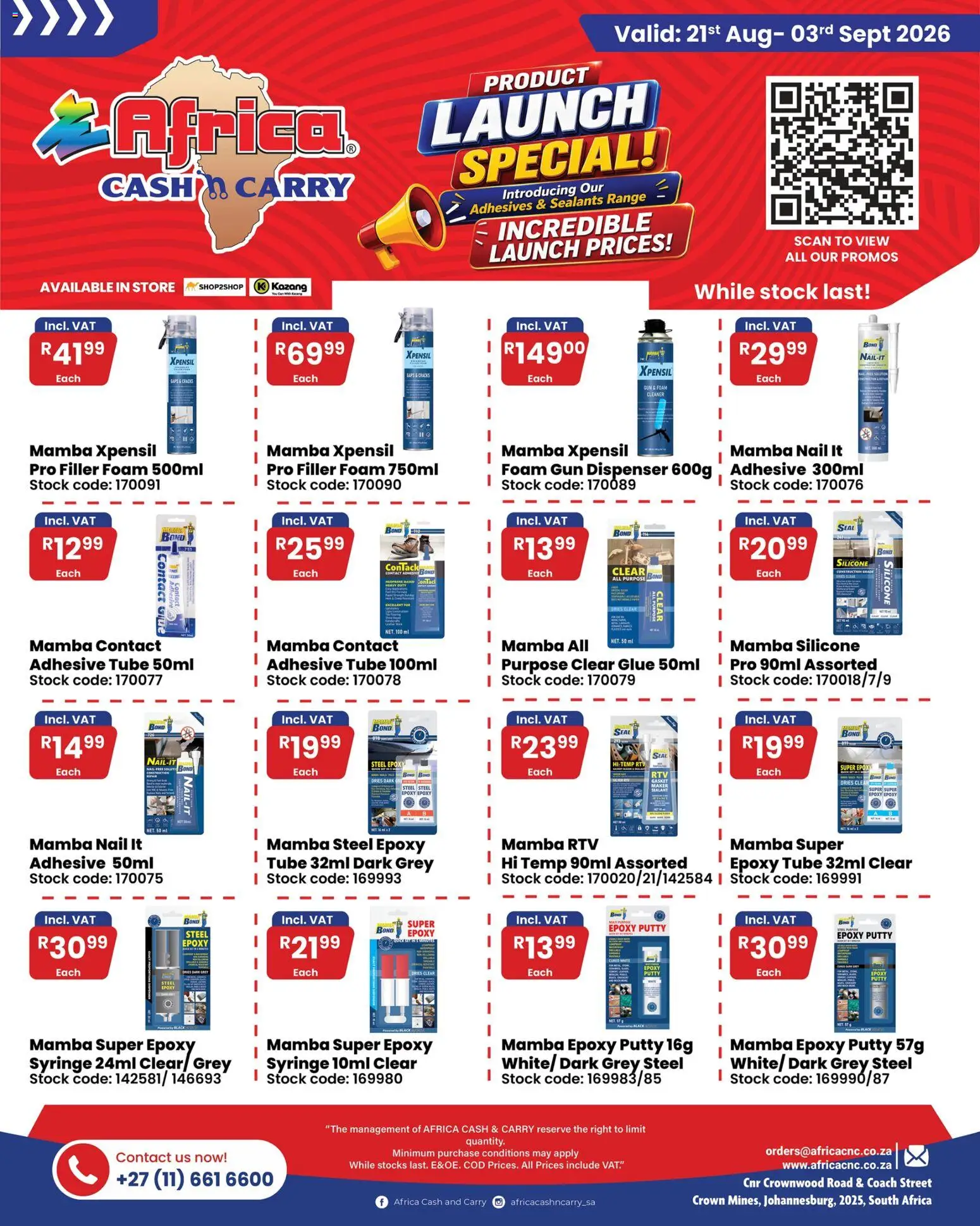 New Africa Cash & Carry catalogue – valid from 21/08/2026 | Page: 2 | Products: Adhesive, Stock, Silicone, Foam