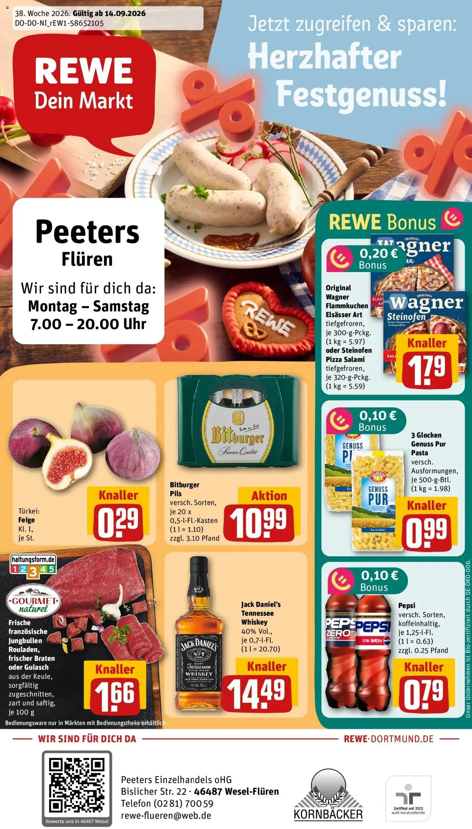 REWE Prospekt ab 14.09.2026 zum Blättern » Angebote | Seite: 1 | Produkte: Bitburger, Jack Daniel's, Pizza, Uhr