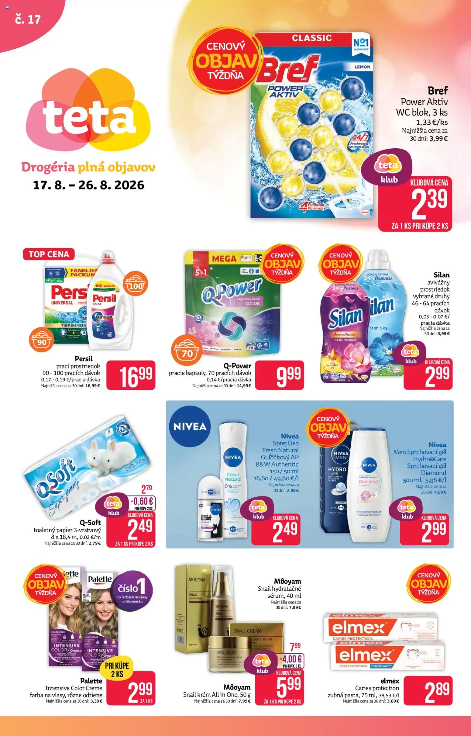 Nové Teta drogerie akcie – leták je platný od 17.08.2026 | Strana: 1 | Produkty: Nivea, Wc, Toaletný papier 3vrstvový, Krém