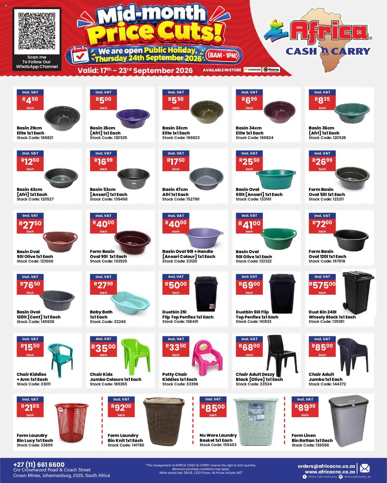 New Africa Cash & Carry catalogue – valid from 17/09/2026 | Page: 60 | Products: Chair, Bath, Basket, Stock