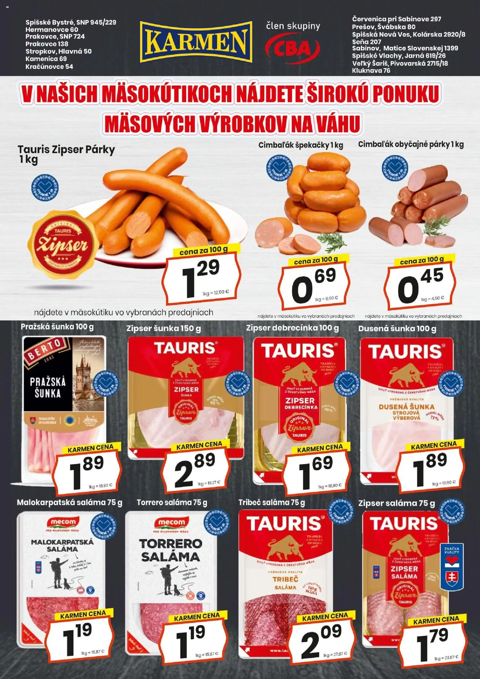 Nové KARMEN CBA akcie – leták je platný od 16.04.2026 | Strana: 4 | Produkty: Saláma, Šunka, Párky