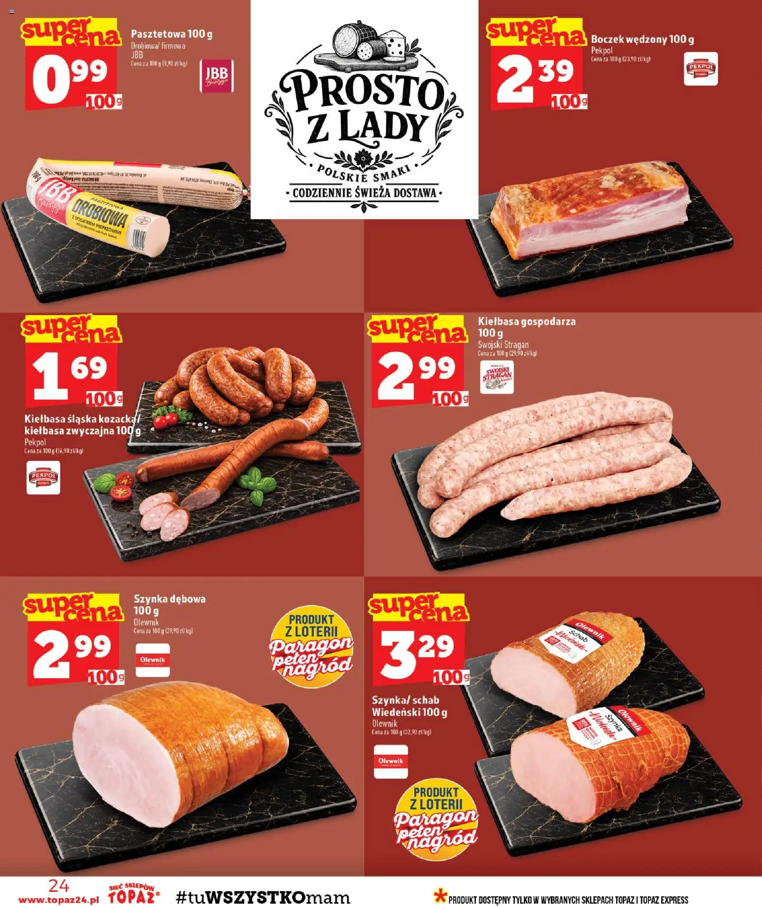 Topaz gazetka - MAZ od 03.09.2026 | Strona: 24 | Produkty: Szynka, Boczek wędzony, Kiełbasa śląska, Boczek