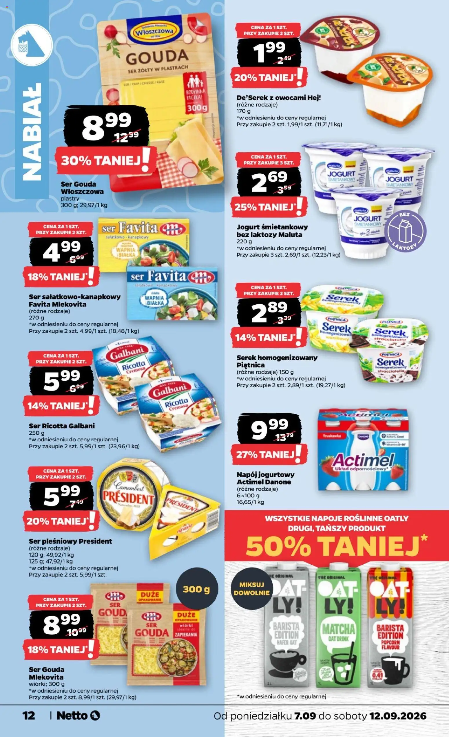 Netto gazetka od poniedziałku od 07.09.2026 | Strona: 12 | Produkty: Ser pleśniowy, Piątnica, Actimel, Ser gouda