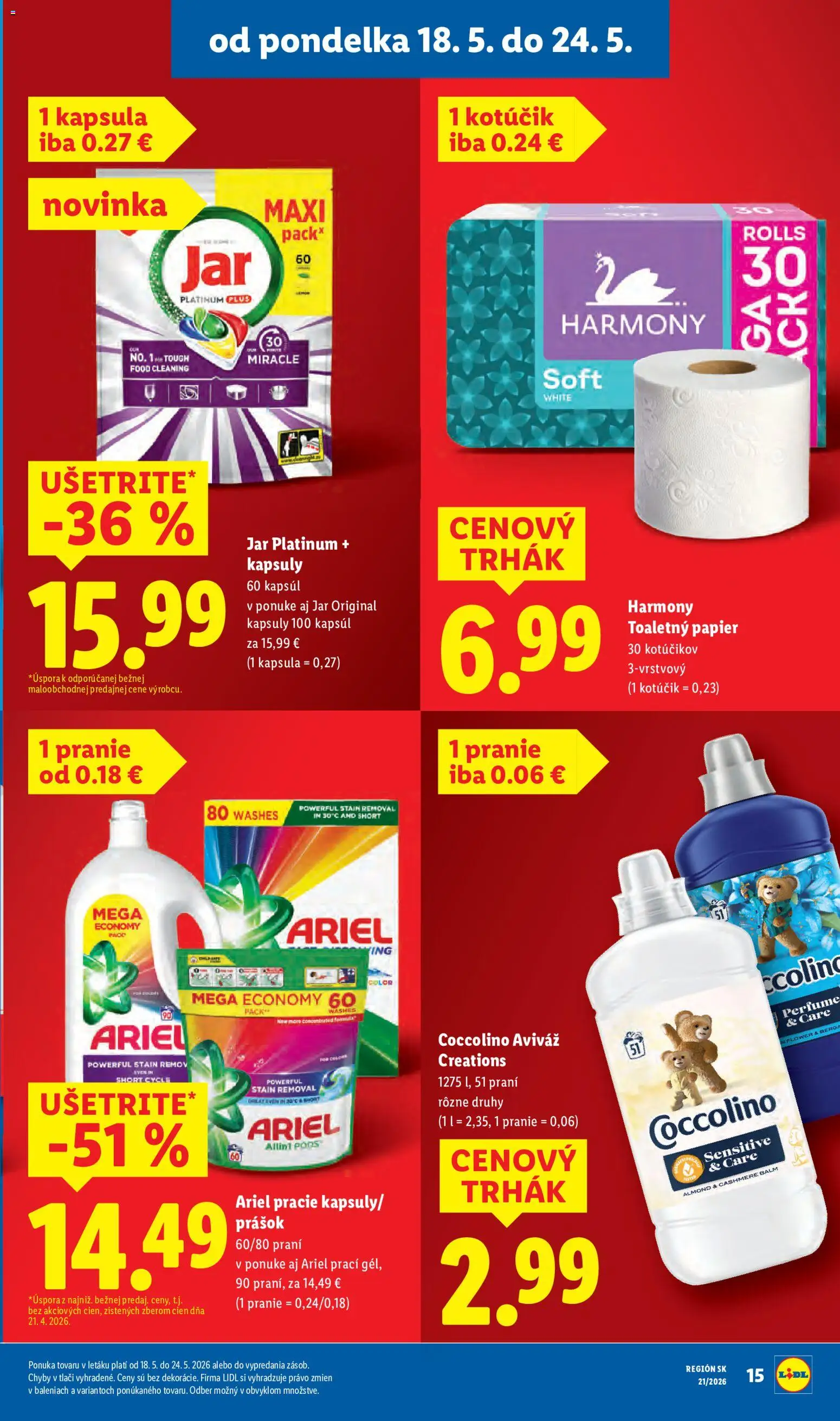 Nové Lidl akcie – leták je platný od 18.05.2026 | Strana: 19 | Produkty: Aviváž, Ariel, Coccolino, Jar