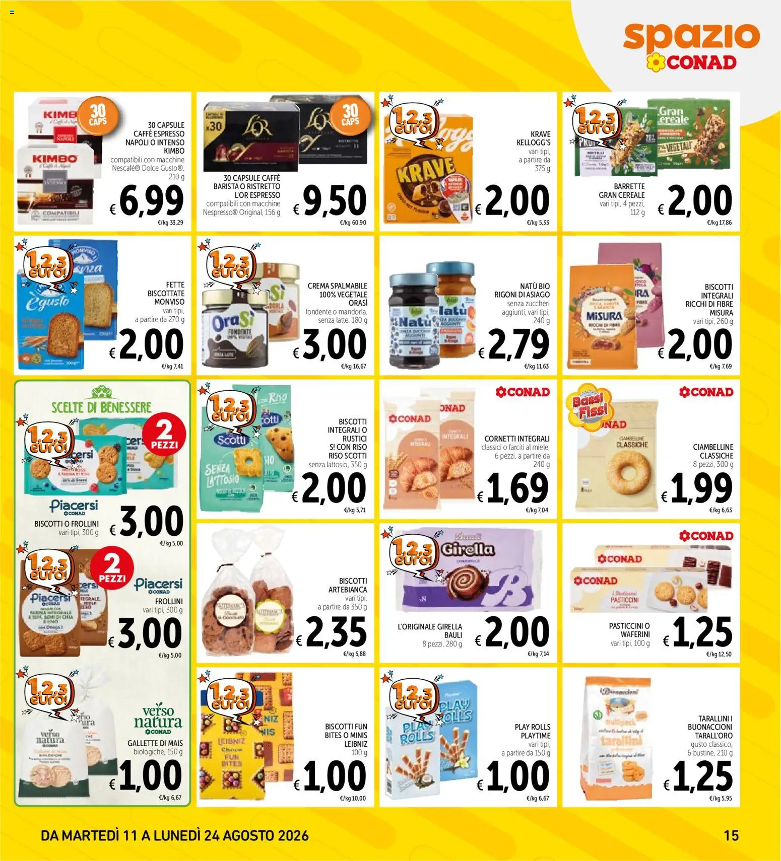 Volantino Spazio Conad del 11/08/2026 | Pagina: 15 | Prodotti: Crema, Rustici, Frollini, Kimbo