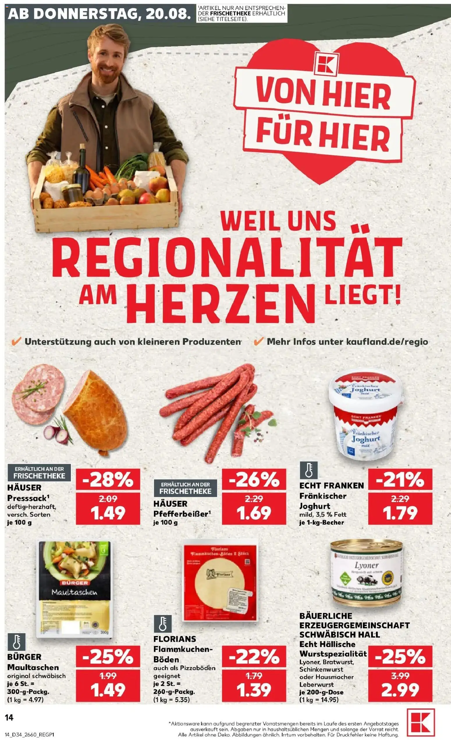Prospekt Kaufland ab 20.08.2026 » Angebote Online zum Blättern | Seite: 14 | Produkte: Joghurt, Bratwurst, Burger, Maultaschen