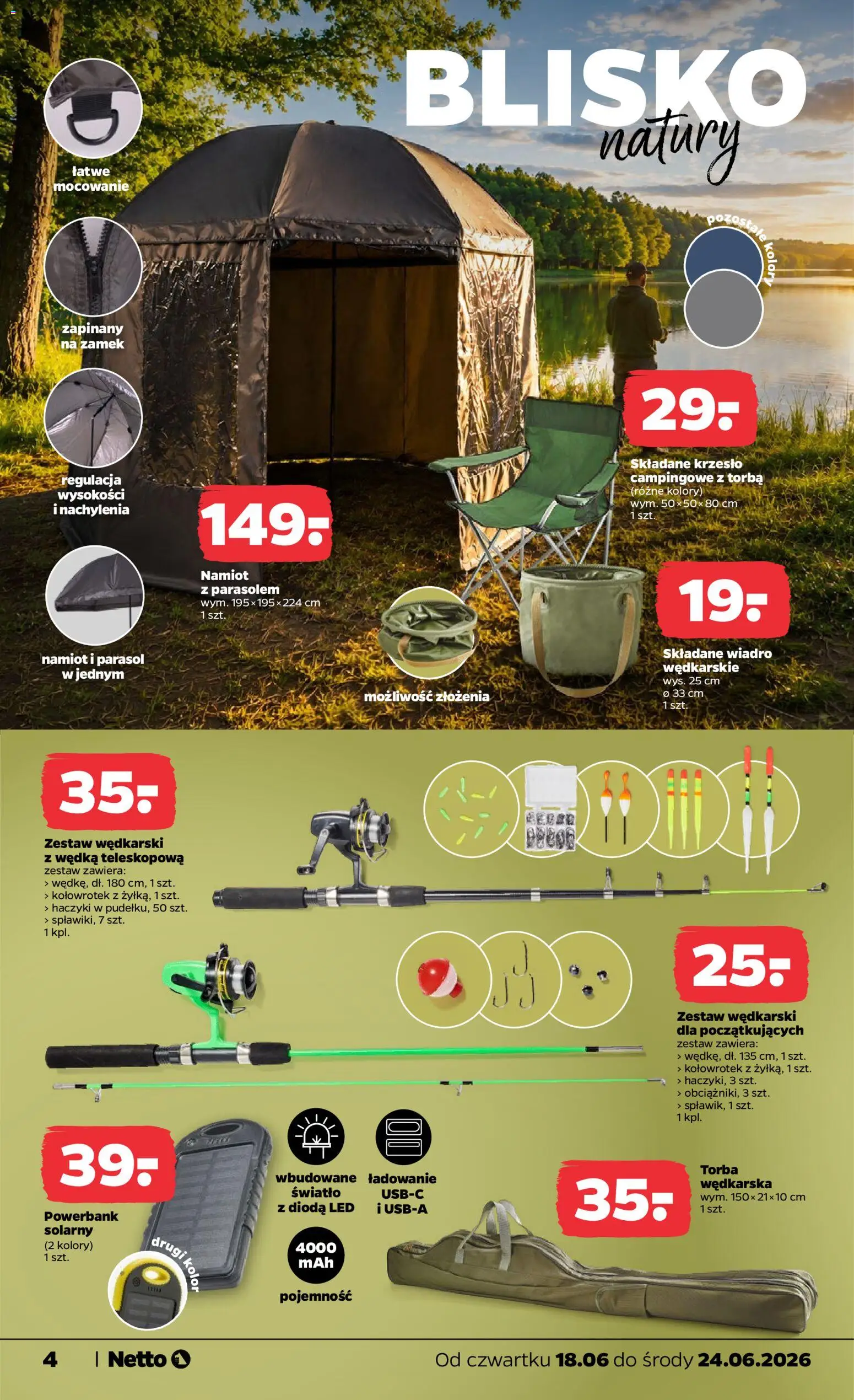 Netto gazetka od czwartku NonFood od 18.06.2026 | Strona: 4 | Produkty: Parasol, Torba, Powerbank, Krzesło