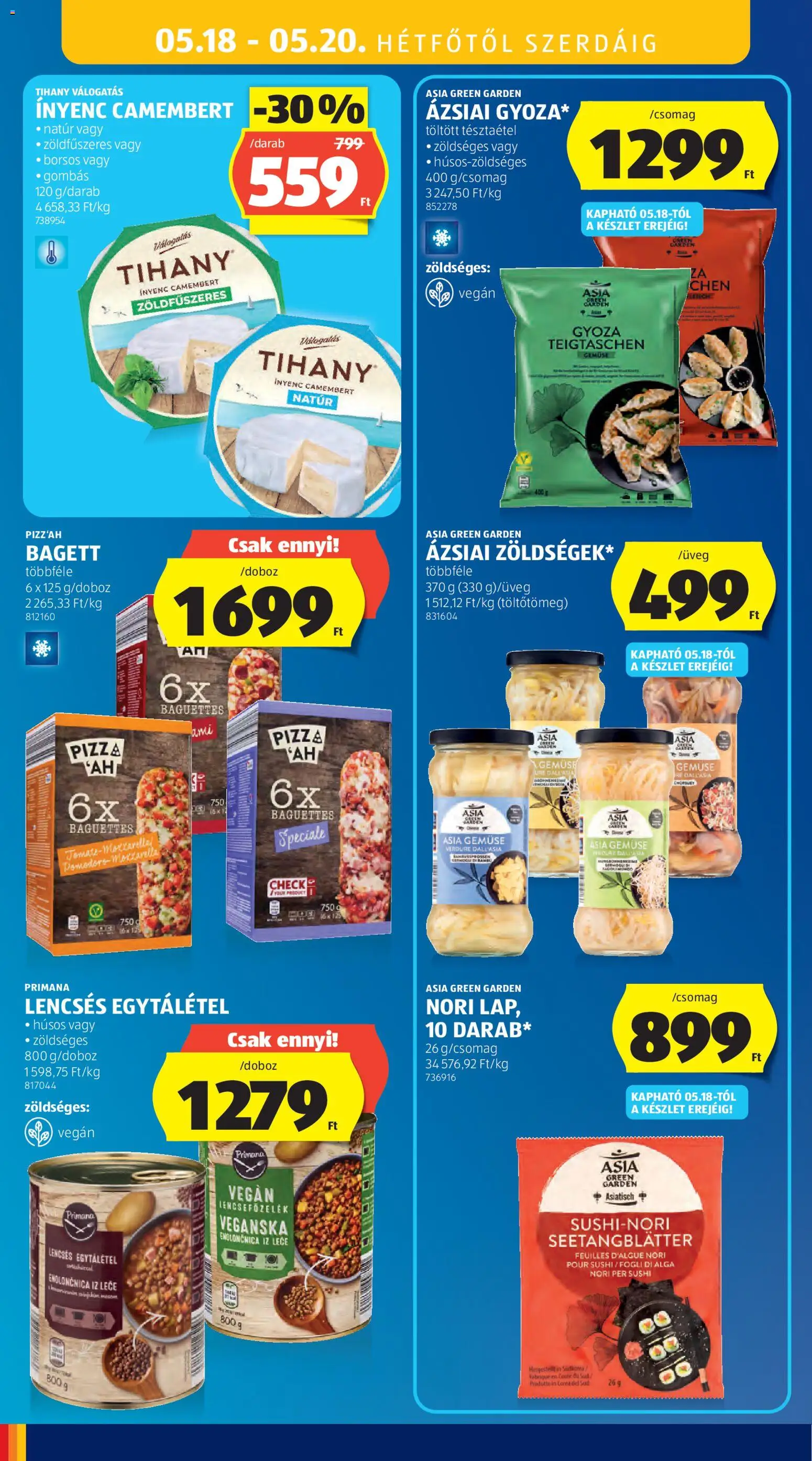 Aldi akciós ujság - amely érvényes a következő dátumtól: 14.05.2026 | Oldal: 34 | Termékek: Tihany, Pizza, Vegán, Camembert