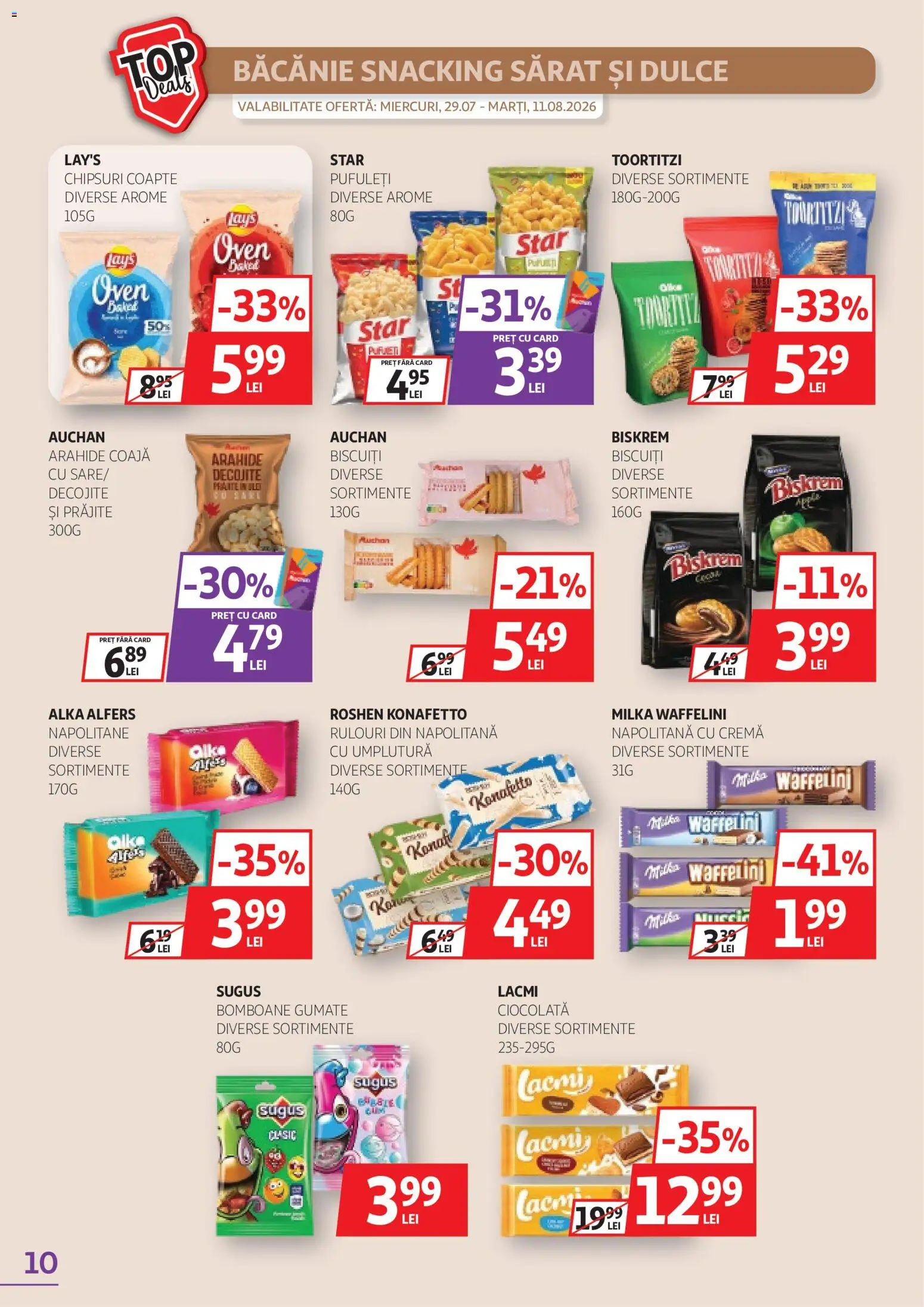 Noul catalog Auchan – valabil de la 29.07.2026 | Pagină: 10 | Produse: Cremă, Ciocolată, Pufuleți, Biscuiți
