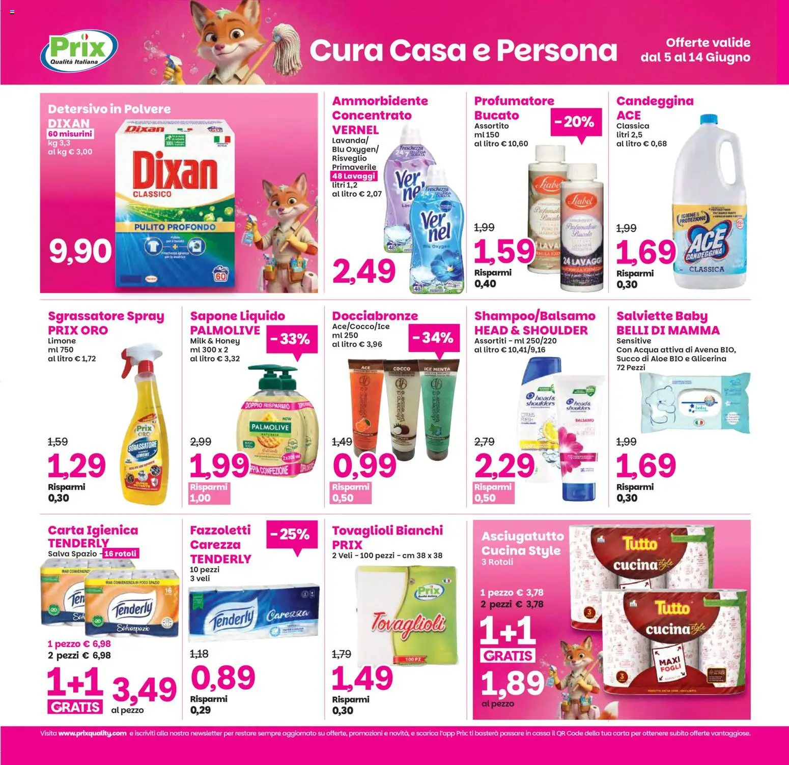 Volantino Prix del 05.06.2026 | Pagina: 20 | Prodotti: Detersivo in polvere, Candeggina, Fazzoletti, Asciugatutto