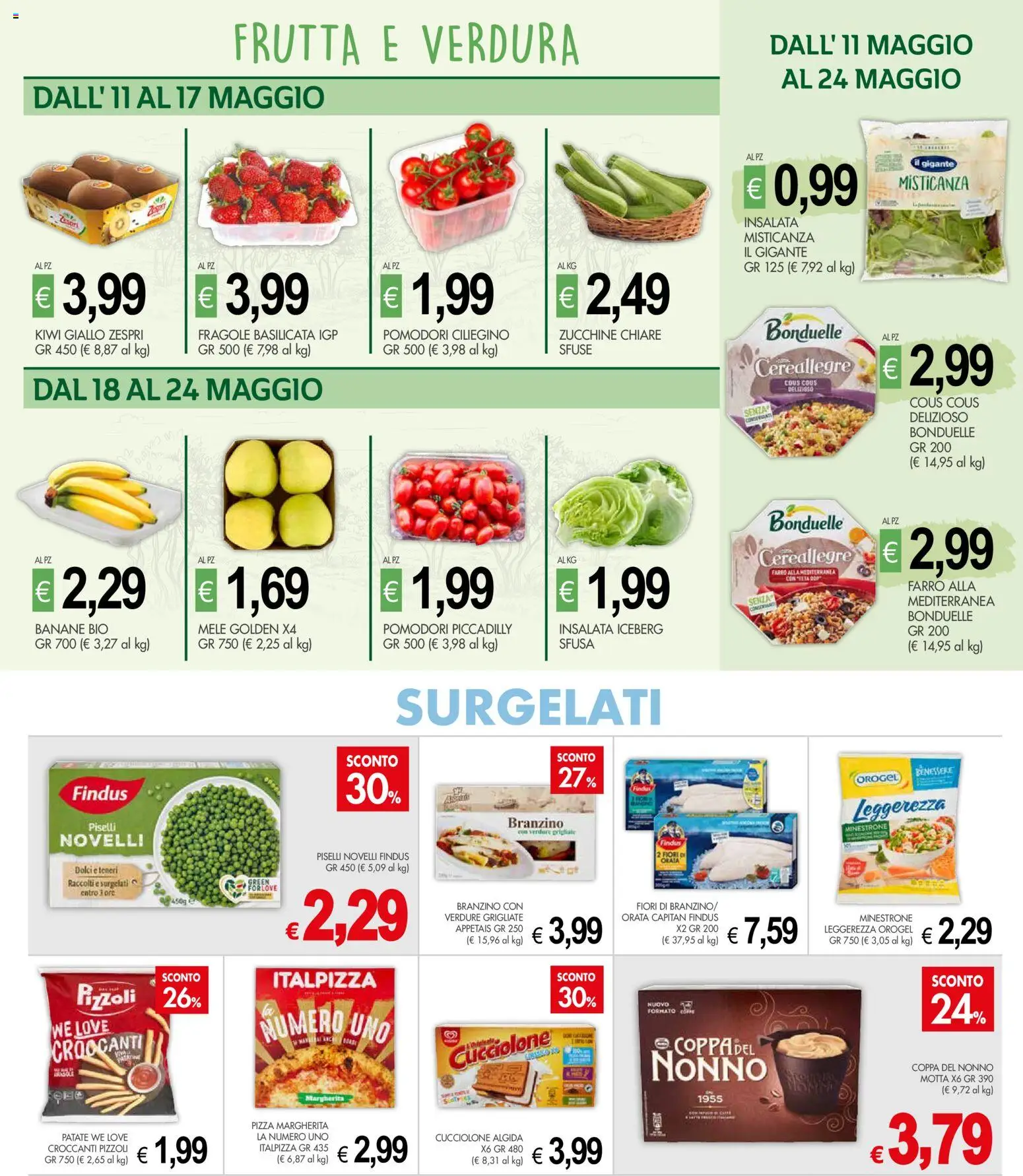 Volantino Presto Fresco del 11.05.2026 | Pagina: 4 | Prodotti: Pizza, Branzino, Pomodori, Piselli
