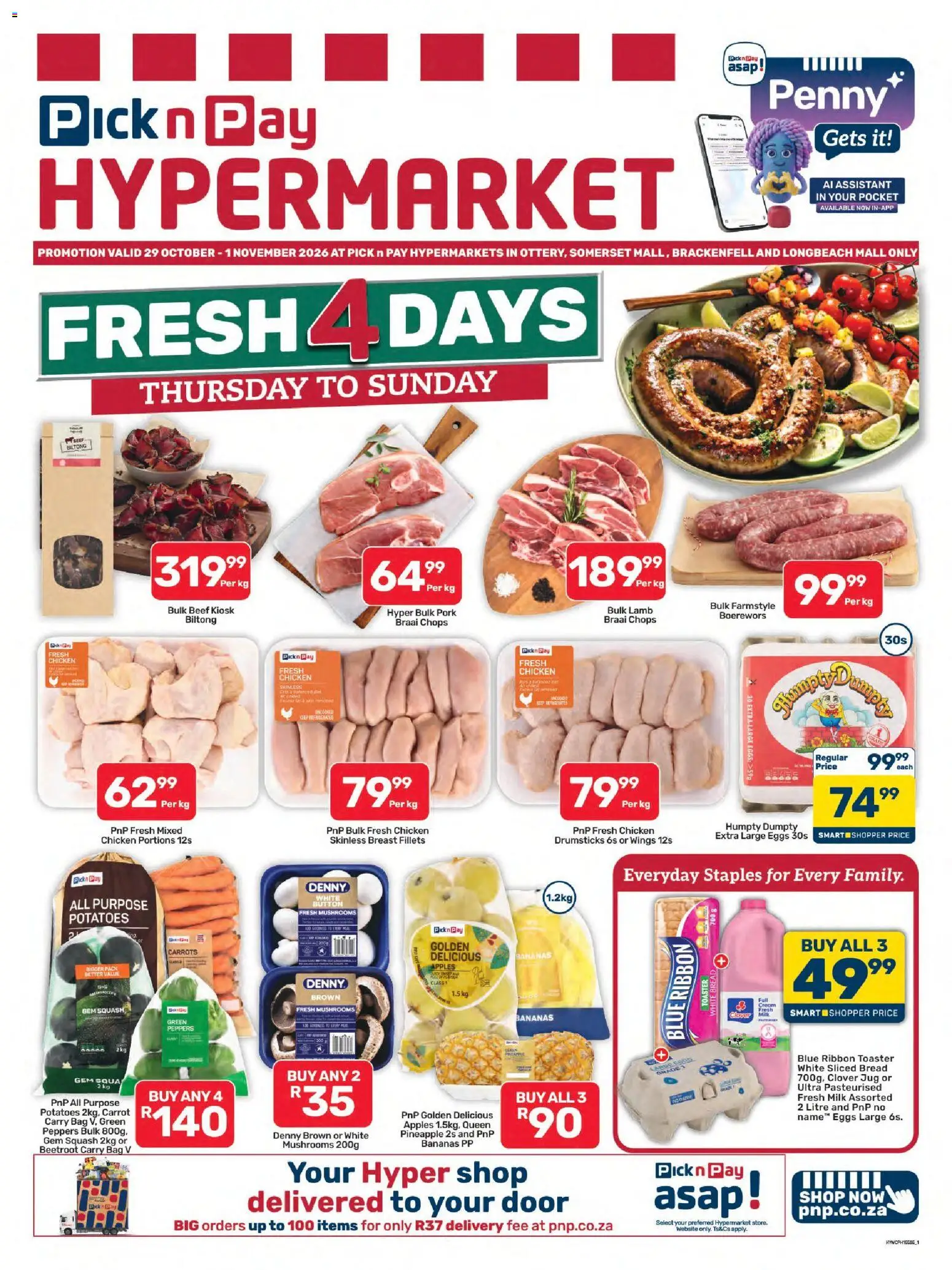 New Pick n Pay catalogue – valid from 29/10/2026 | Page: 1 | Products: Squash, Milk, Pineapple, Carrots