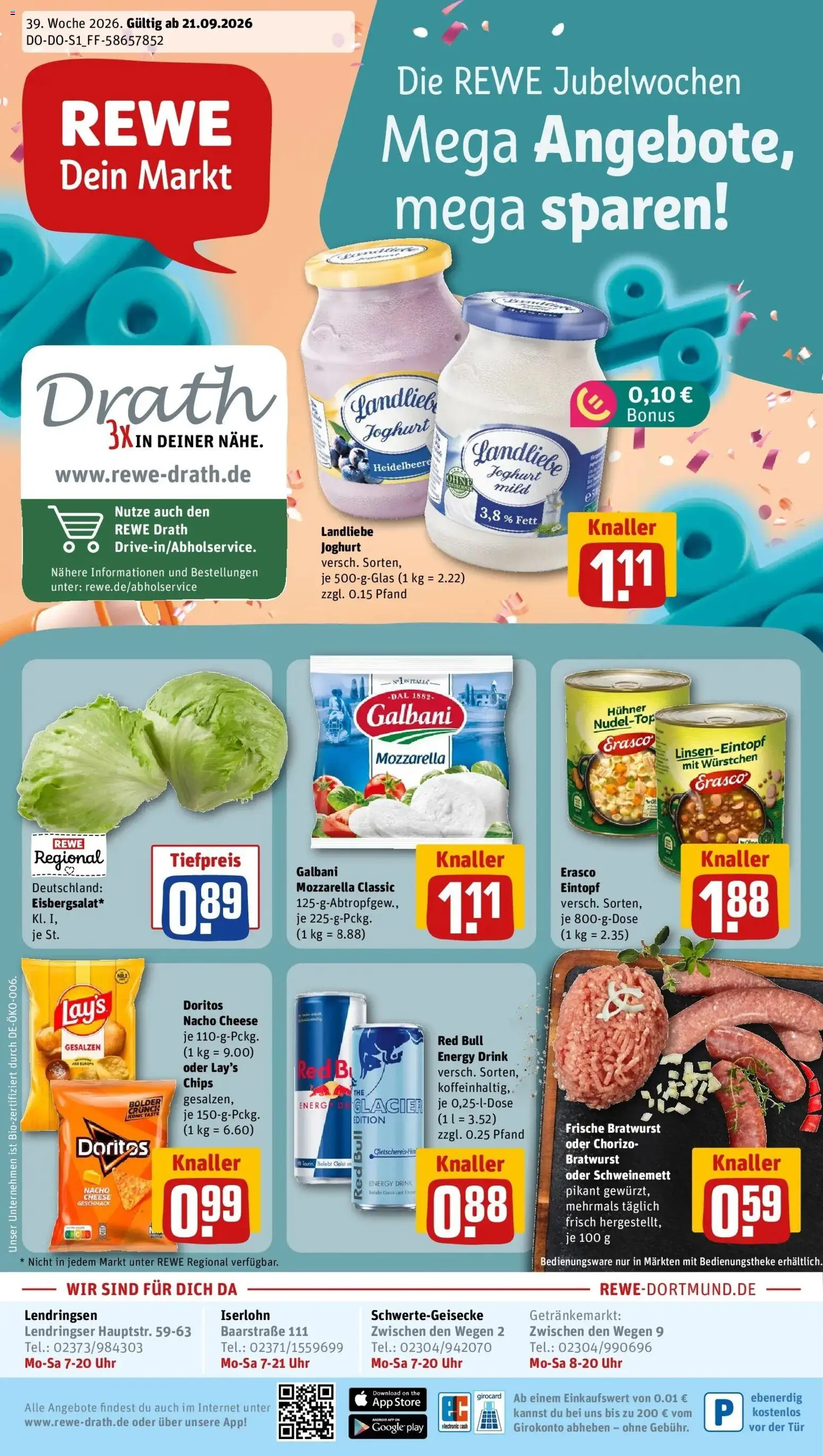 REWE Prospekt ab 21.09.2026 zum Blättern » Angebote | Seite: 1 | Produkte: Energy, Bratwurst, Erasco, Chips