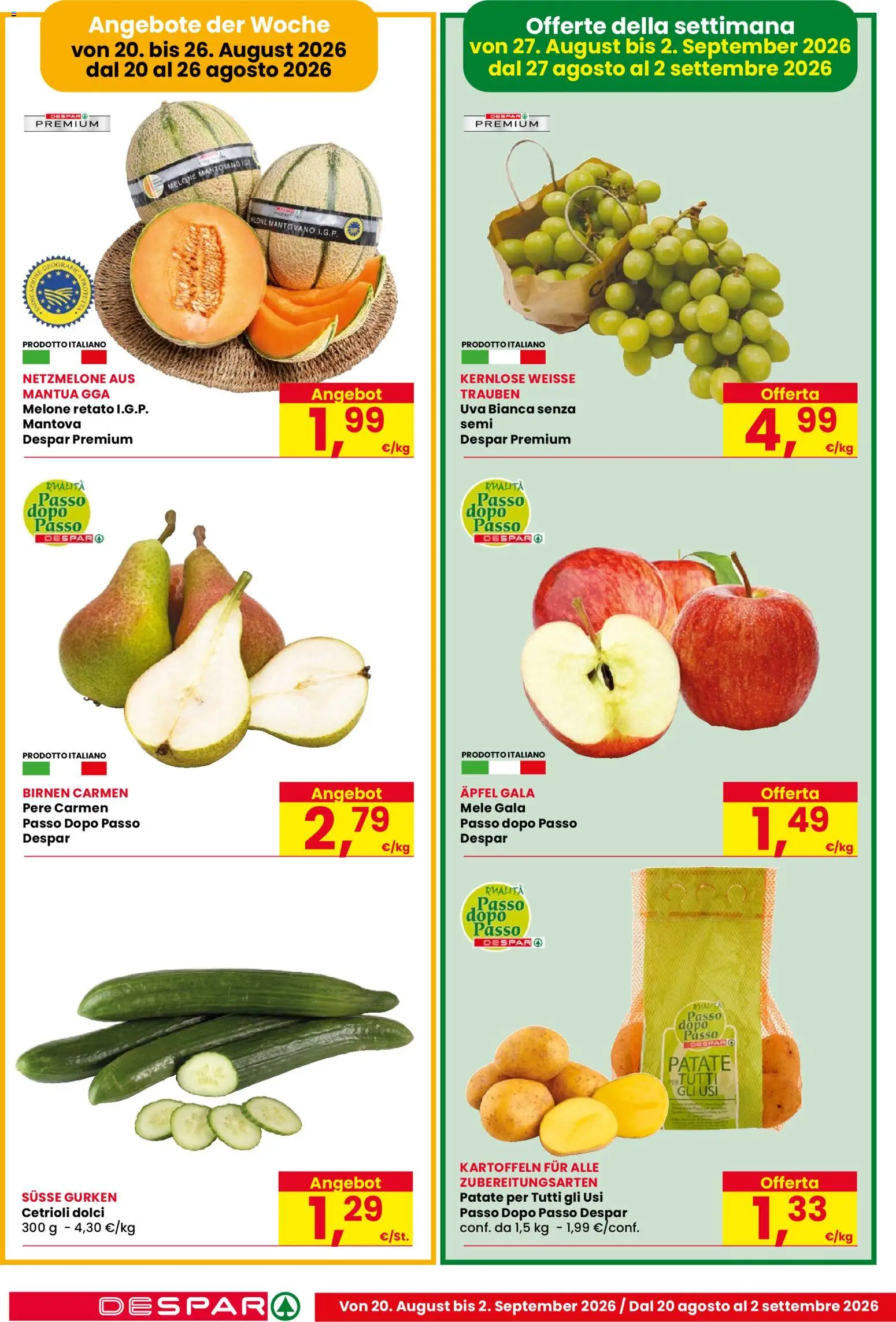 Volantino Despar del 20/08/2026 | Pagina: 2 | Prodotti: Pere, Cetrioli, Patate, Melone
