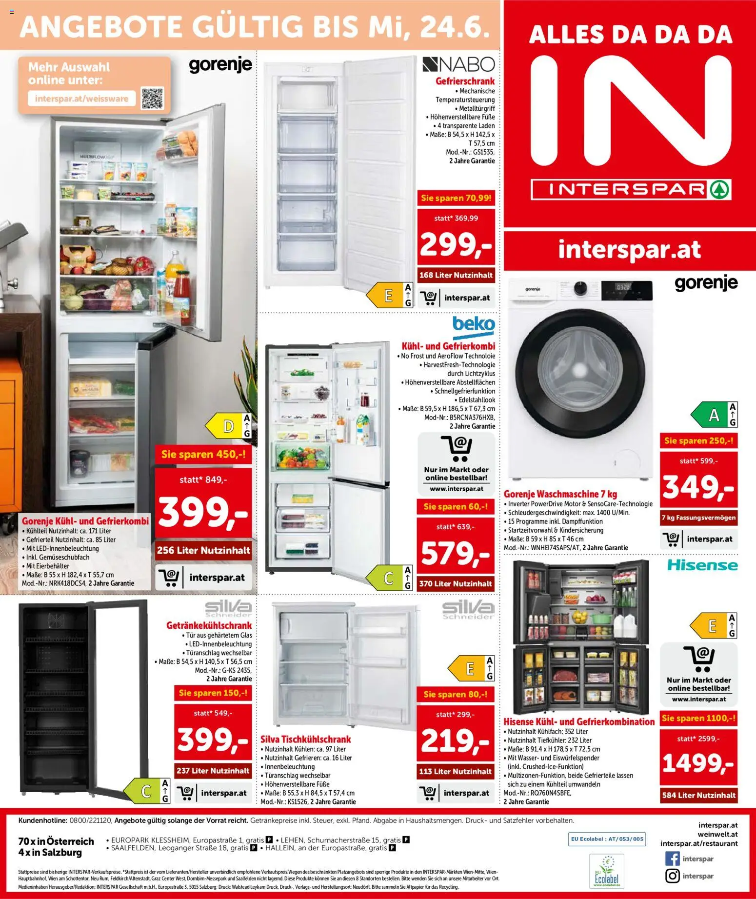 Interspar - Salzburg gültig ab 03.06.2026 | Seite: 20 | Produkte: Wasser, Gefrierschrank, Waschmaschine