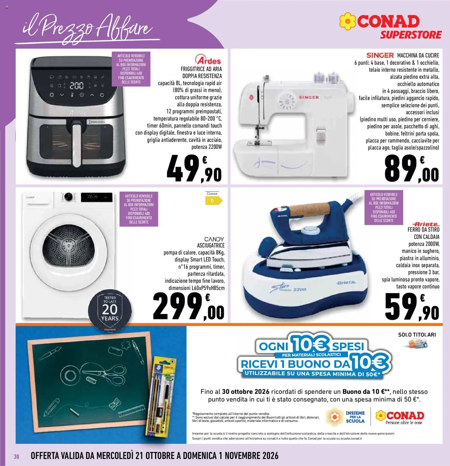 Volantino Conad del 21/10/2026 | Pagina: 30 | Prodotti: Friggitrice ad aria, Asciugatrice, Cacciavite, Macchina da cucire