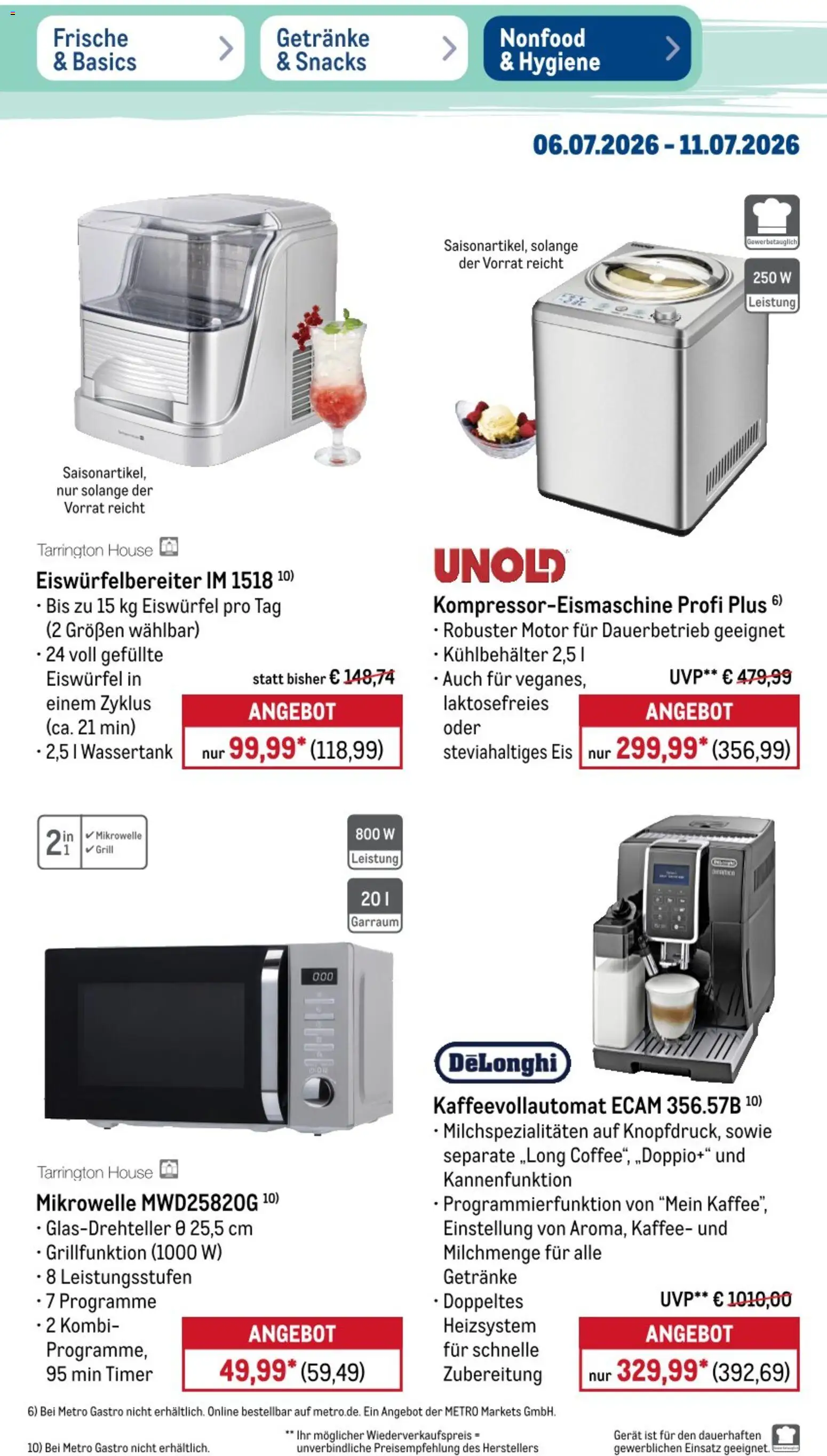 Metro Non Food & Hygiene – gültig ab 06.07.2026 | Seite: 4 | Produkte: Mikrowelle, Grill, Kaffeevollautomat, Eis
