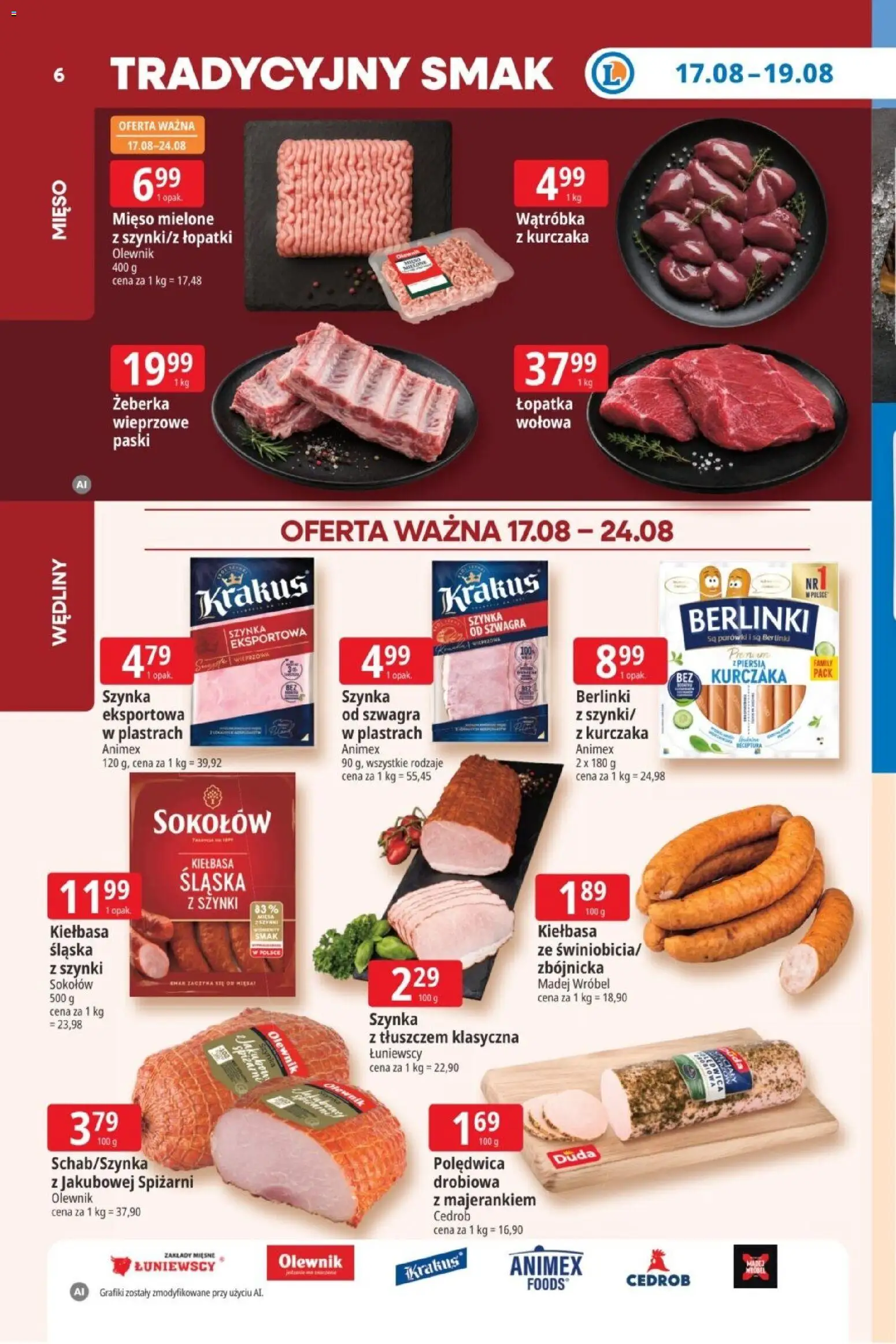 E.Leclerc gazetka od 17.08.2026 | Strona: 6 | Produkty: Kiełbasa, Żeberka, Mięso mielone, Szynka