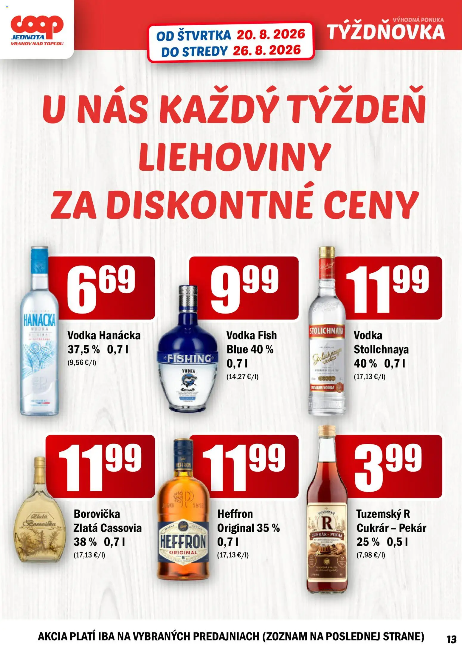Nové COOP Jednota akcie – leták je platný od 20.08.2026 | Strana: 13 | Produkty: Borovička, Vodka