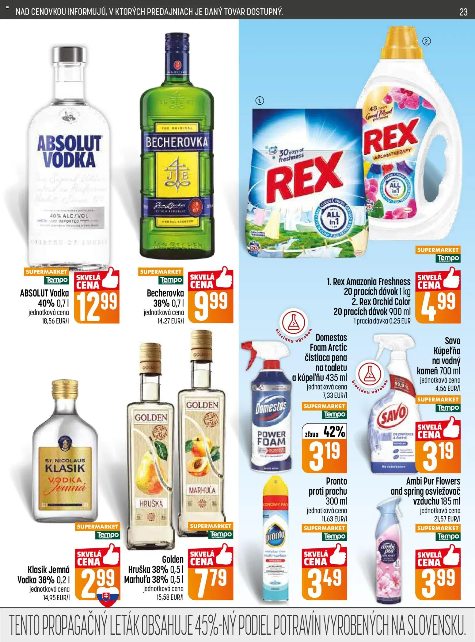 Nové COOP Jednota akcie – leták je platný od 30.04.2026 | Strana: 23 | Produkty: Becherovka, Savo, Absolut vodka, Domestos