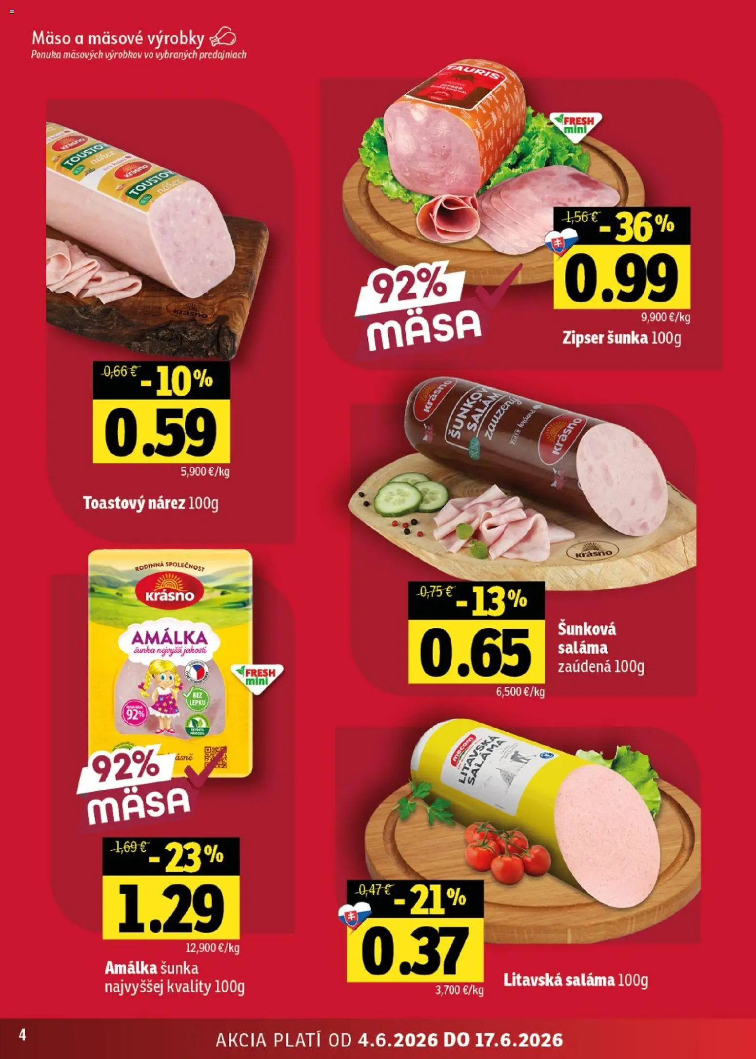 Nové Fresh akcie – leták je platný od 04.06.2026 | Strana: 4 | Produkty: Saláma, Šunka