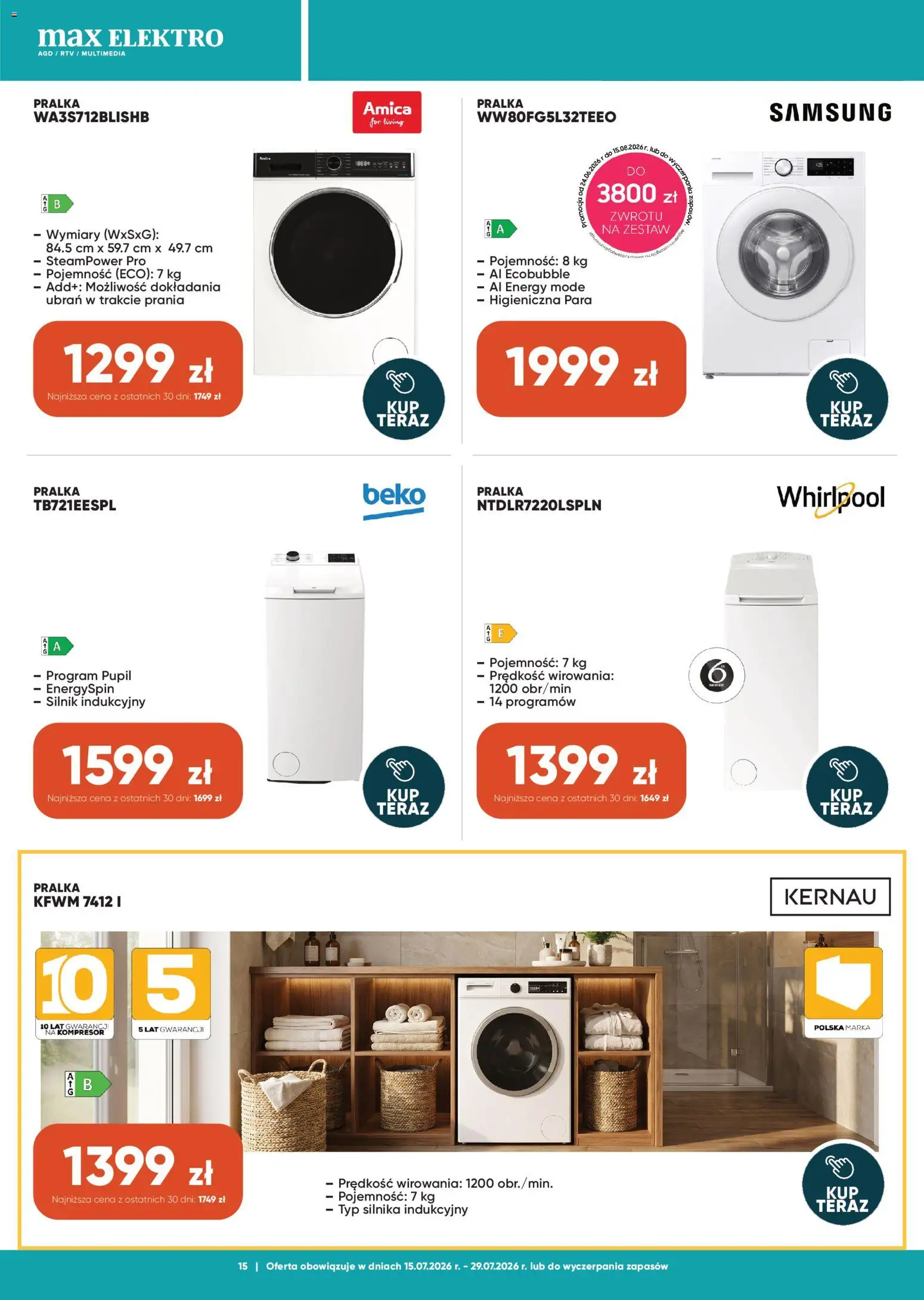 Max elektro gazetka od 15.07.2026 | Strona: 15 | Produkty: Pralka